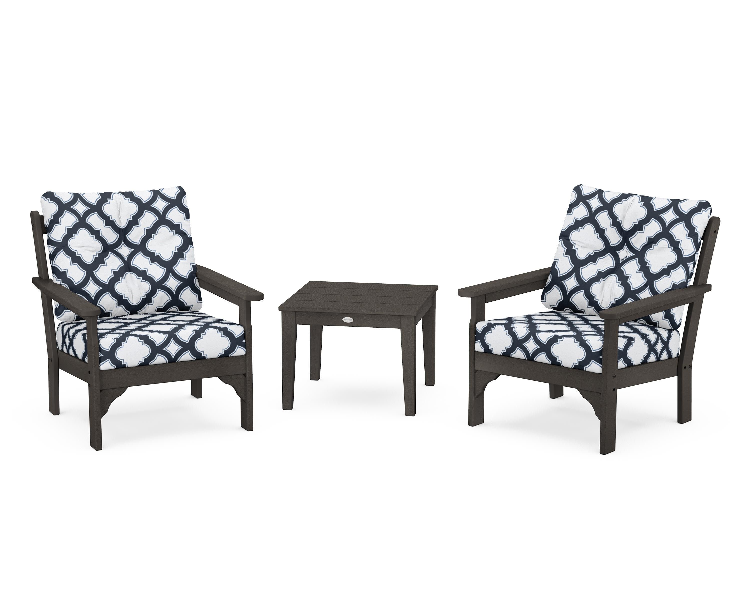 Vineyard 3-Piece Deep Seating Set in Vintage Coffee / Trellis Marine Indigo