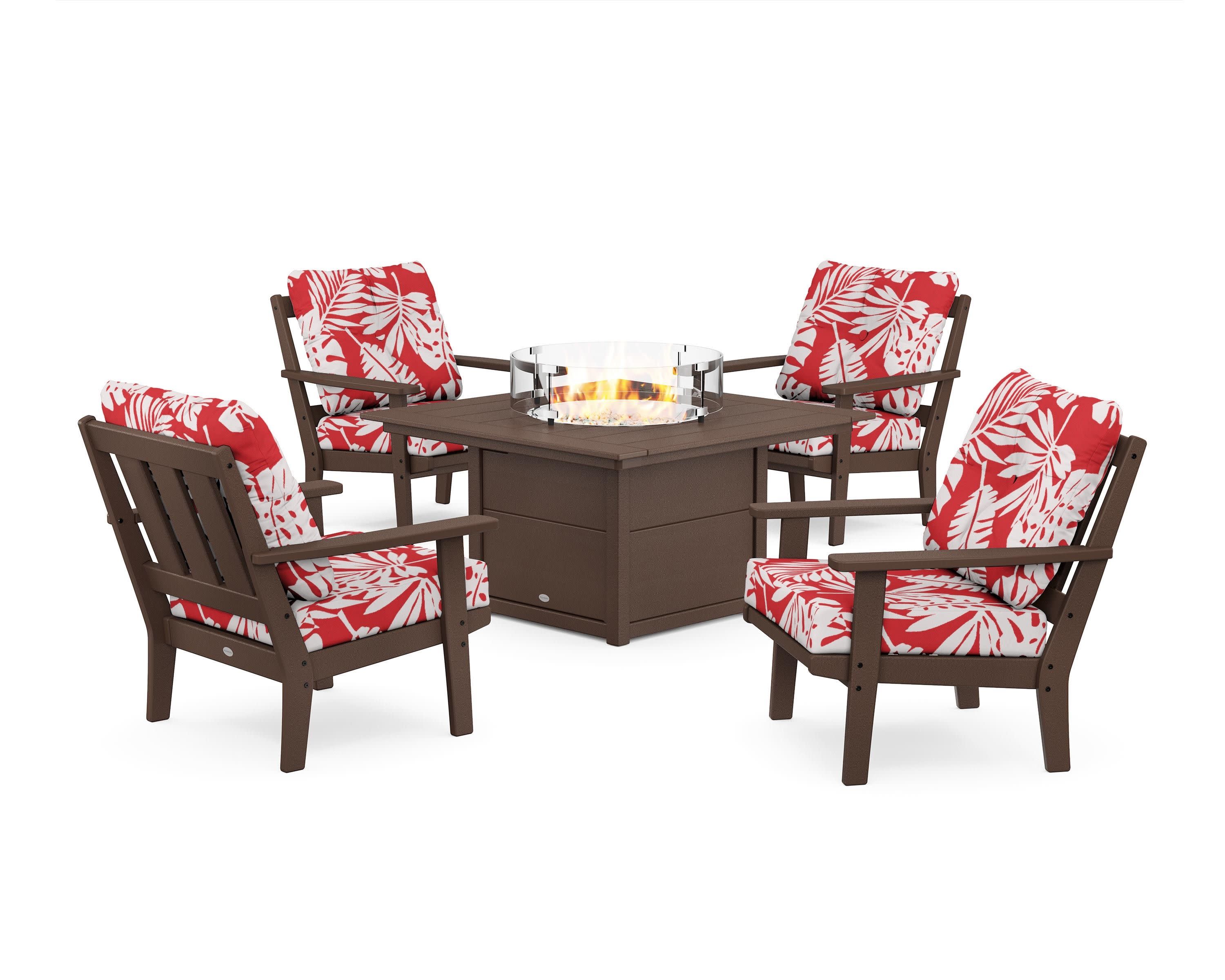 Oxford 5-Piece Deep Seating Set with Fire Pit Table in Mahogany / Leaf Crimson