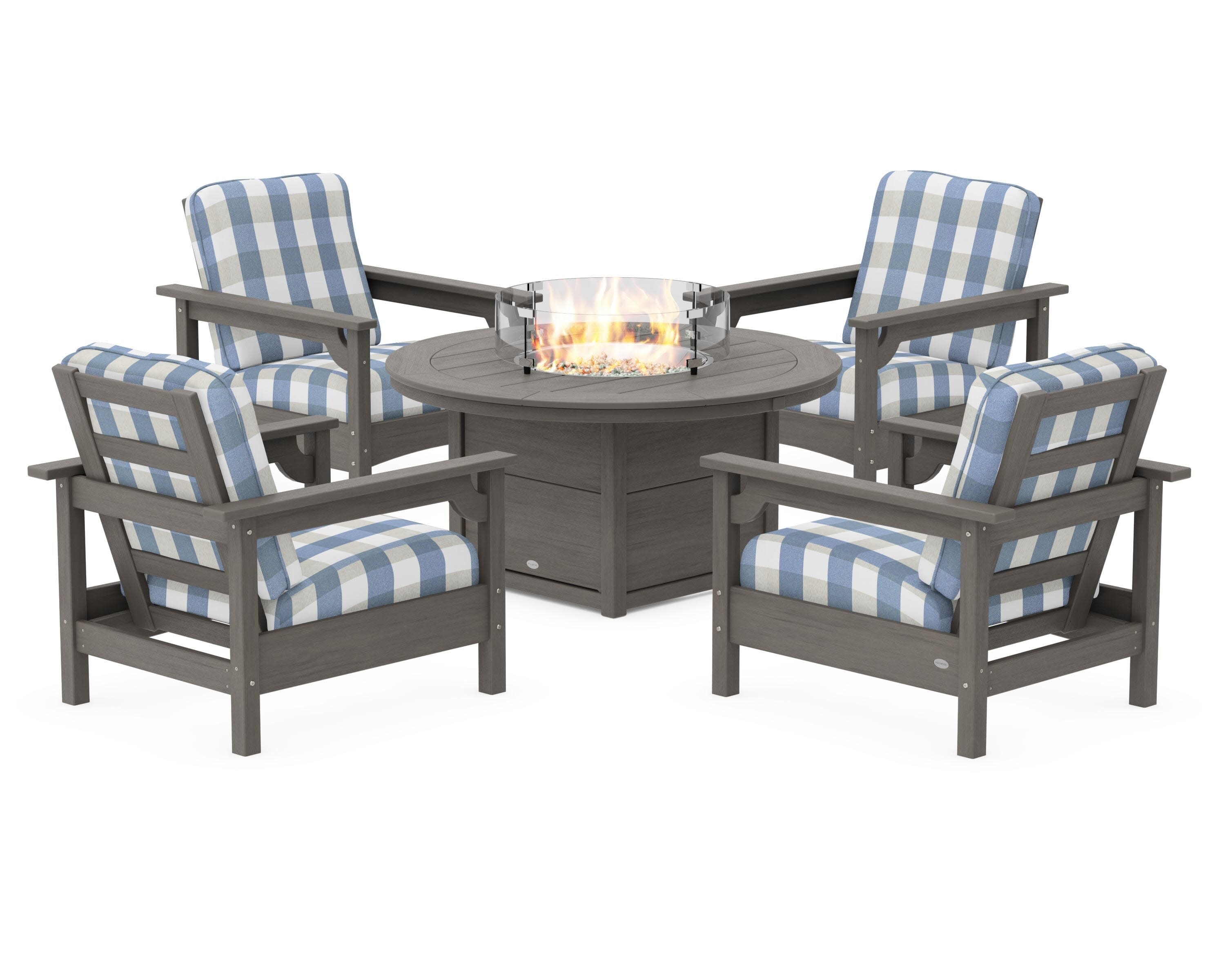 Club 5-Piece Conversation Set with Fire Pit Table in Driftwood / Buffalo Plaid Sky Blue