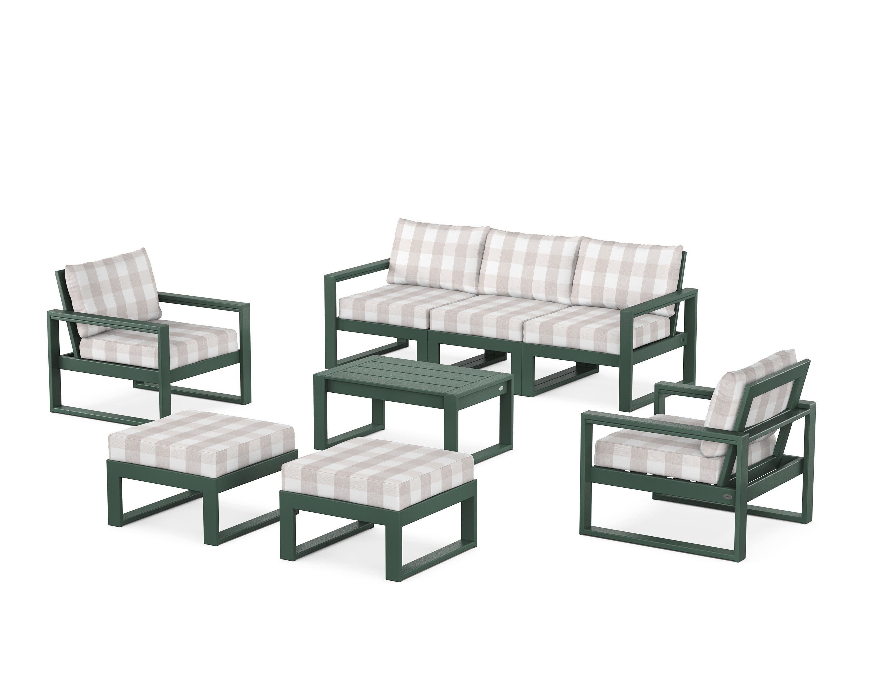 EDGE Sectional 8-Piece Lounge Sofa Set in Green / Buffalo Plaid Dune Burlap