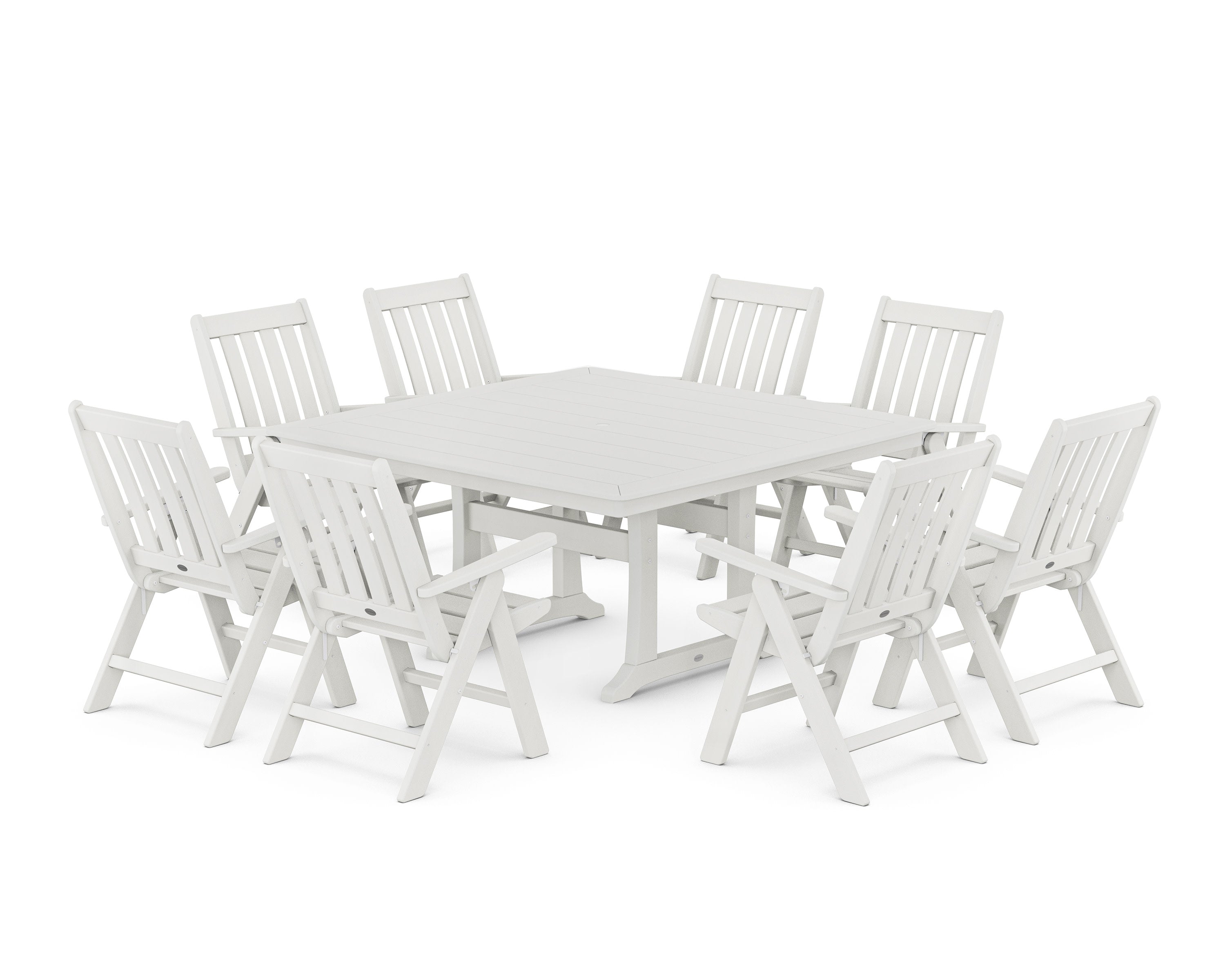 Vineyard Folding Chair 9-Piece Square Dining Set with Trestle Legs in Vintage White