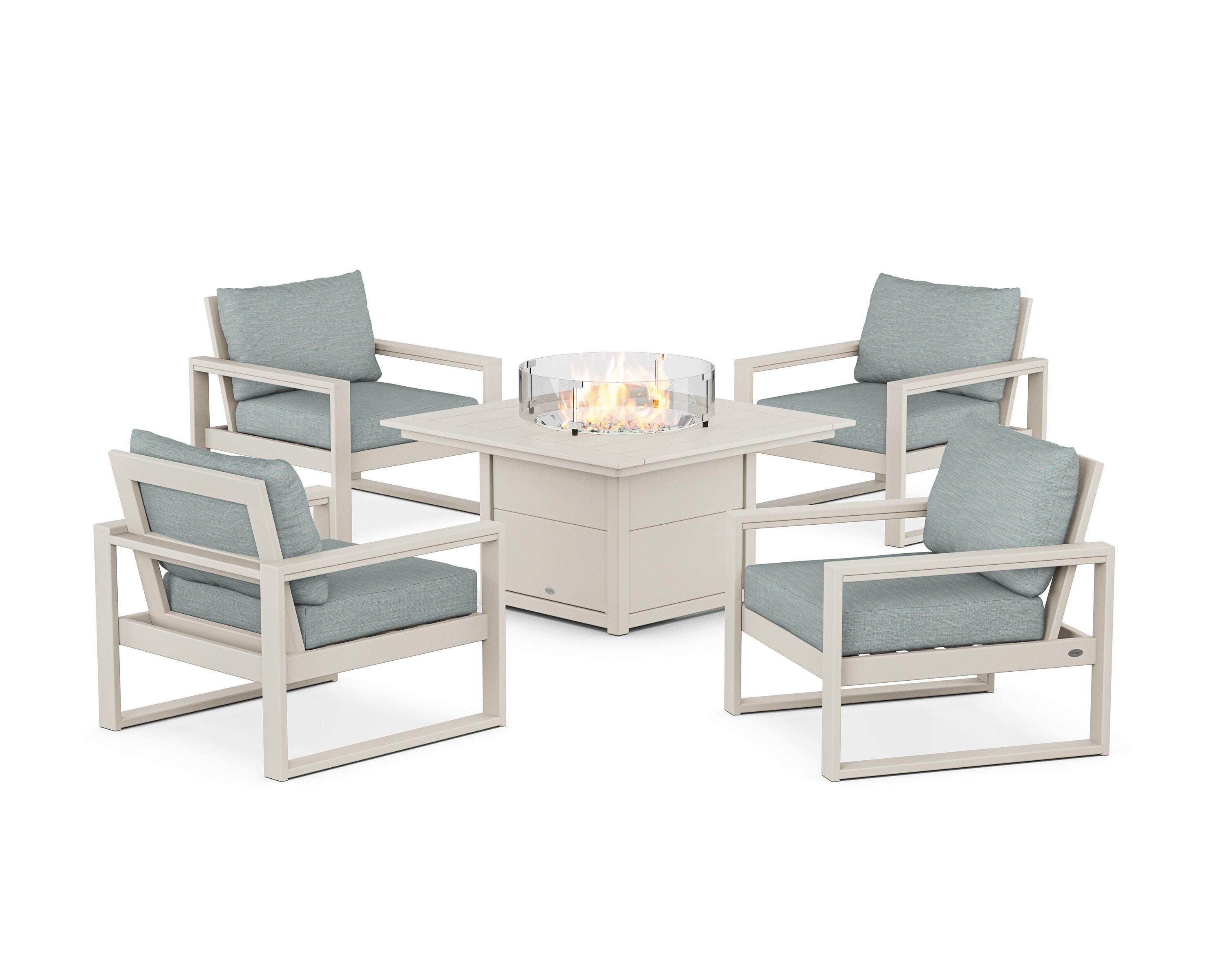 EDGE Sectional 5-Piece Deep Seating Set with Fire Pit Table in Sand / Soothe Mist