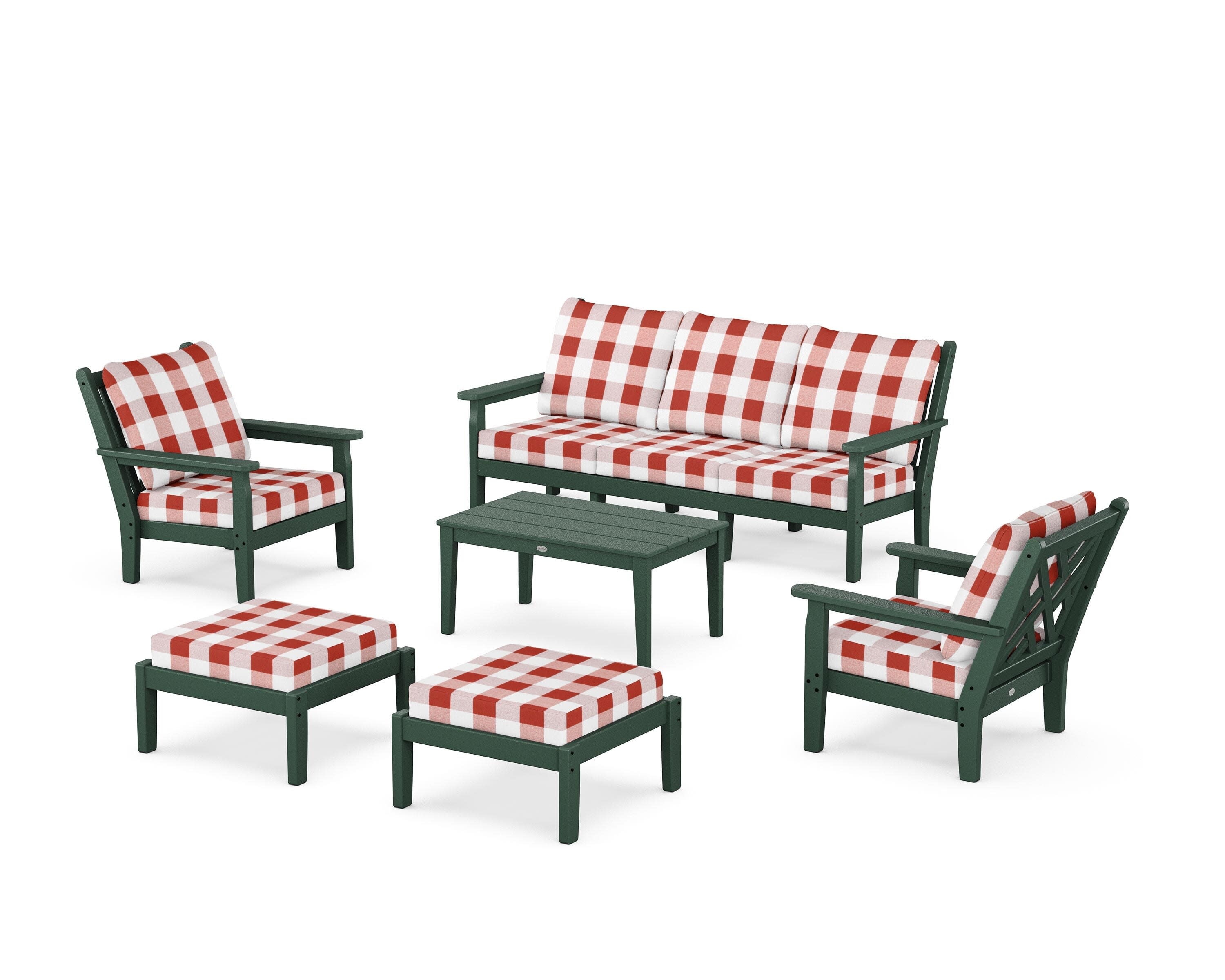 Chippendale 6-Piece Lounge Sofa Set in Green / Buffalo Plaid Crimson