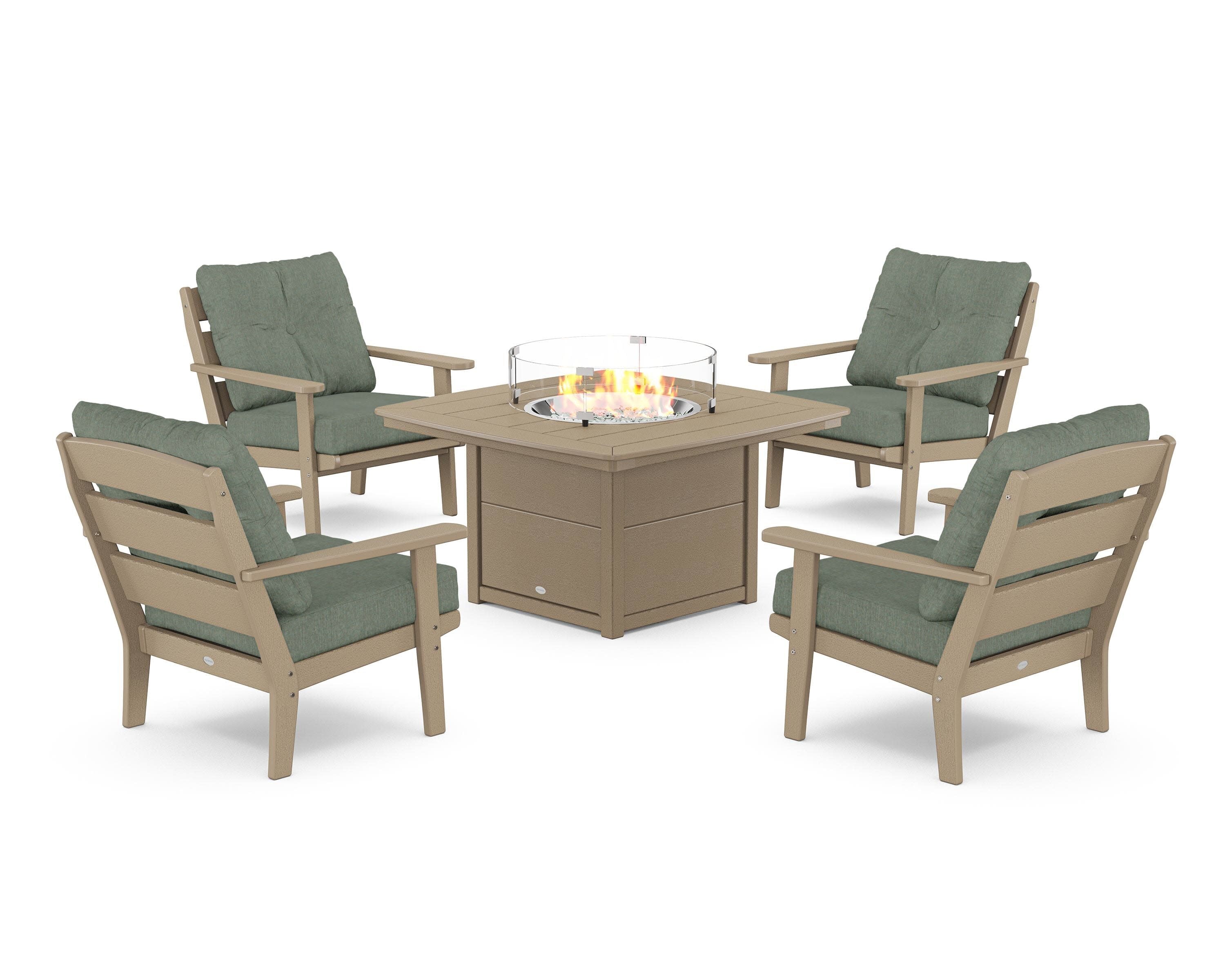 Lakeside 5-Piece Deep Seating Set with Nautical Fire Pit Table in Vintage Sahara / Cast Sage