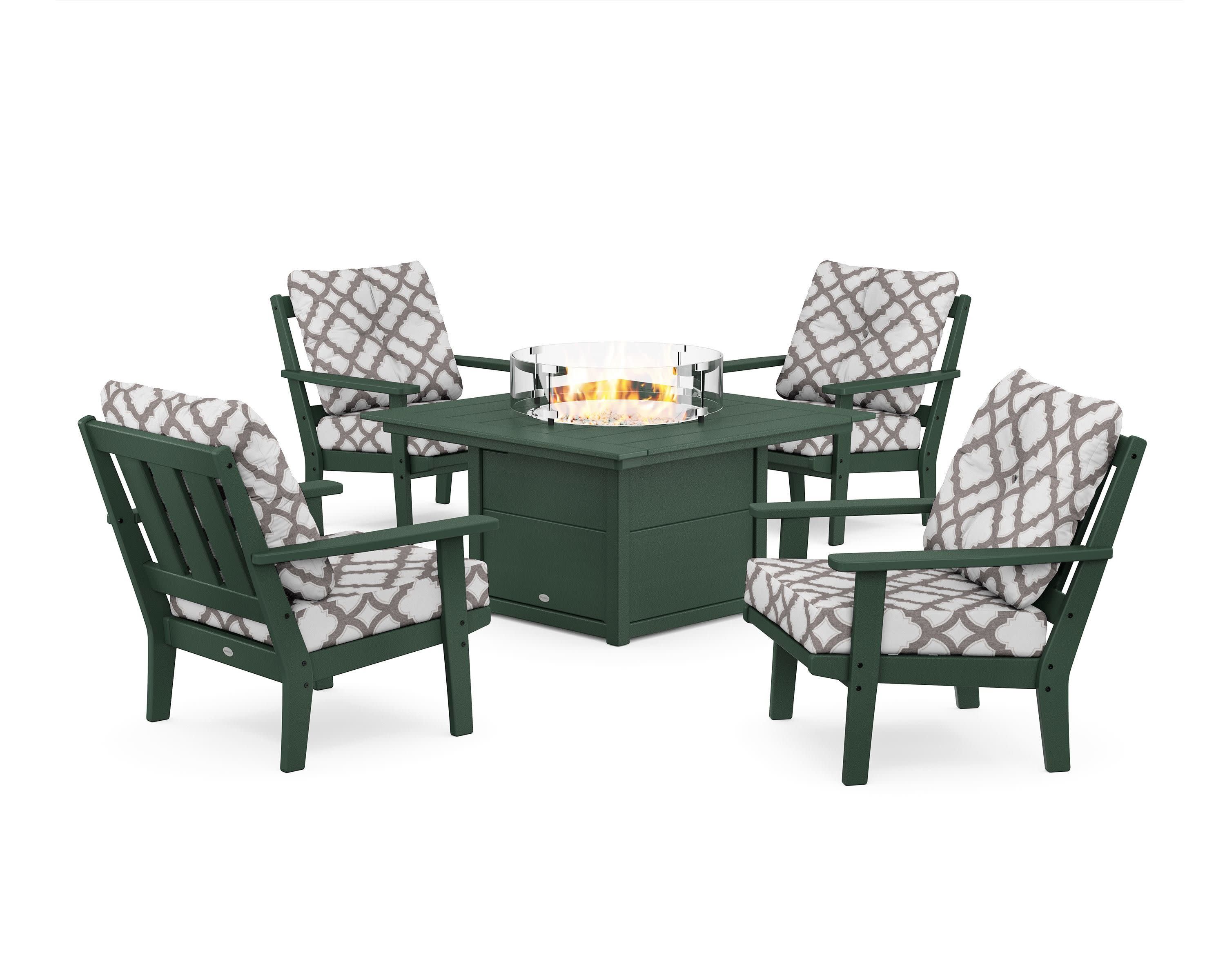 Oxford 5-Piece Deep Seating Set with Fire Pit Table in Green / Trellis Grey Mist