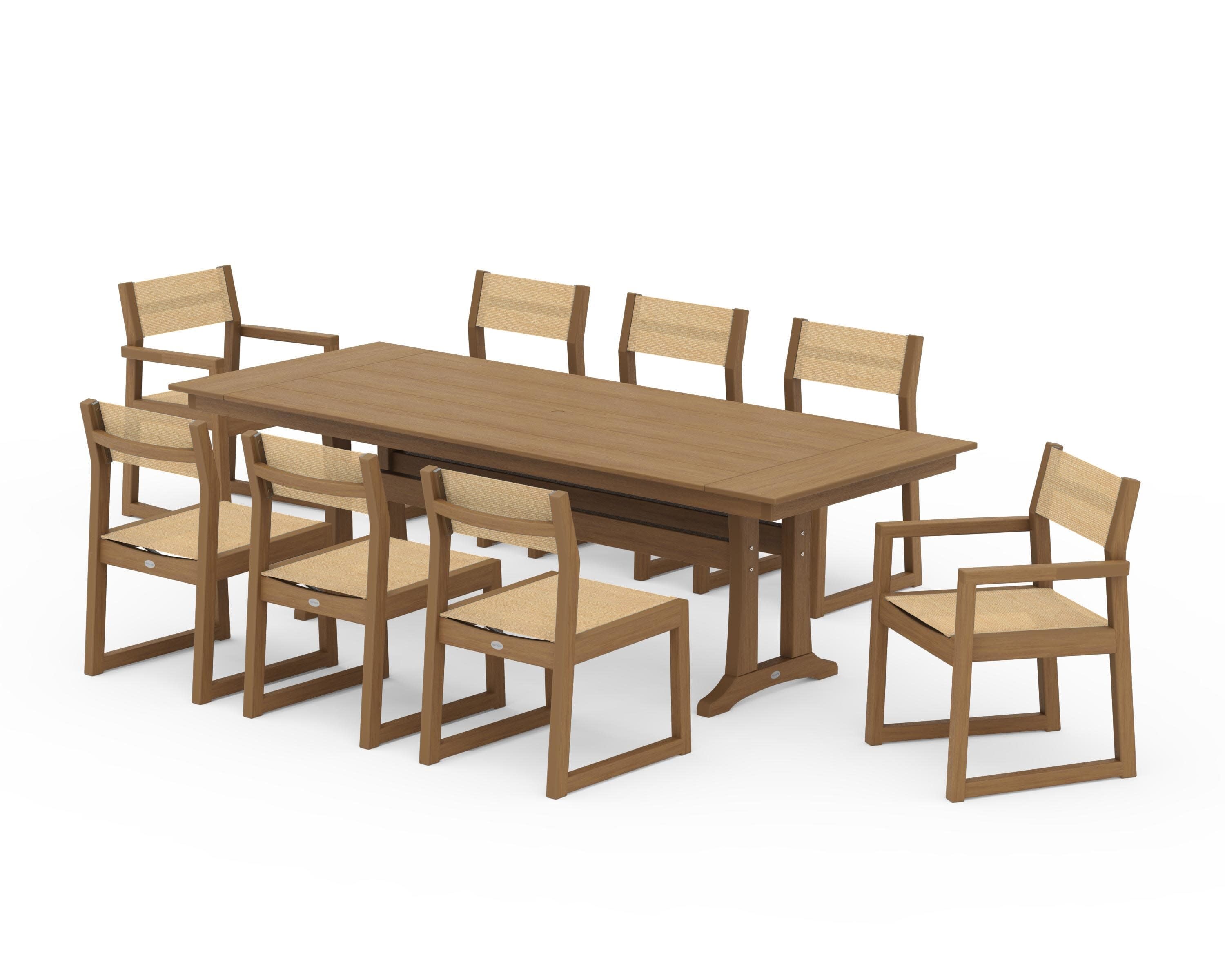 EDGE Sling 9-Piece Farmhouse Trestle Dining Set in Natural / Dupioni Apricot Sling