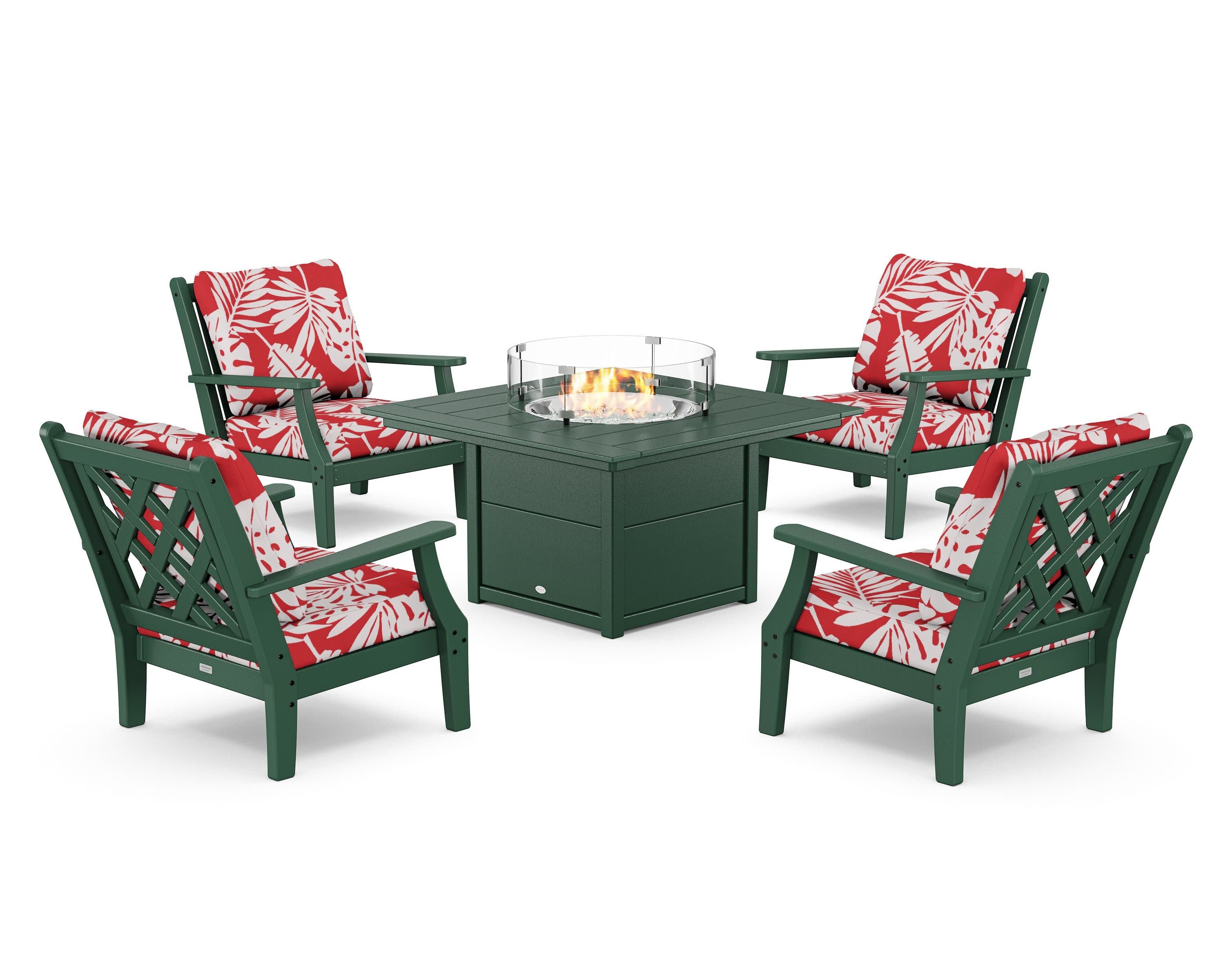 Wovendale 5-Piece Deep Seating Set with Fire Pit Table in Green / Leaf Crimson