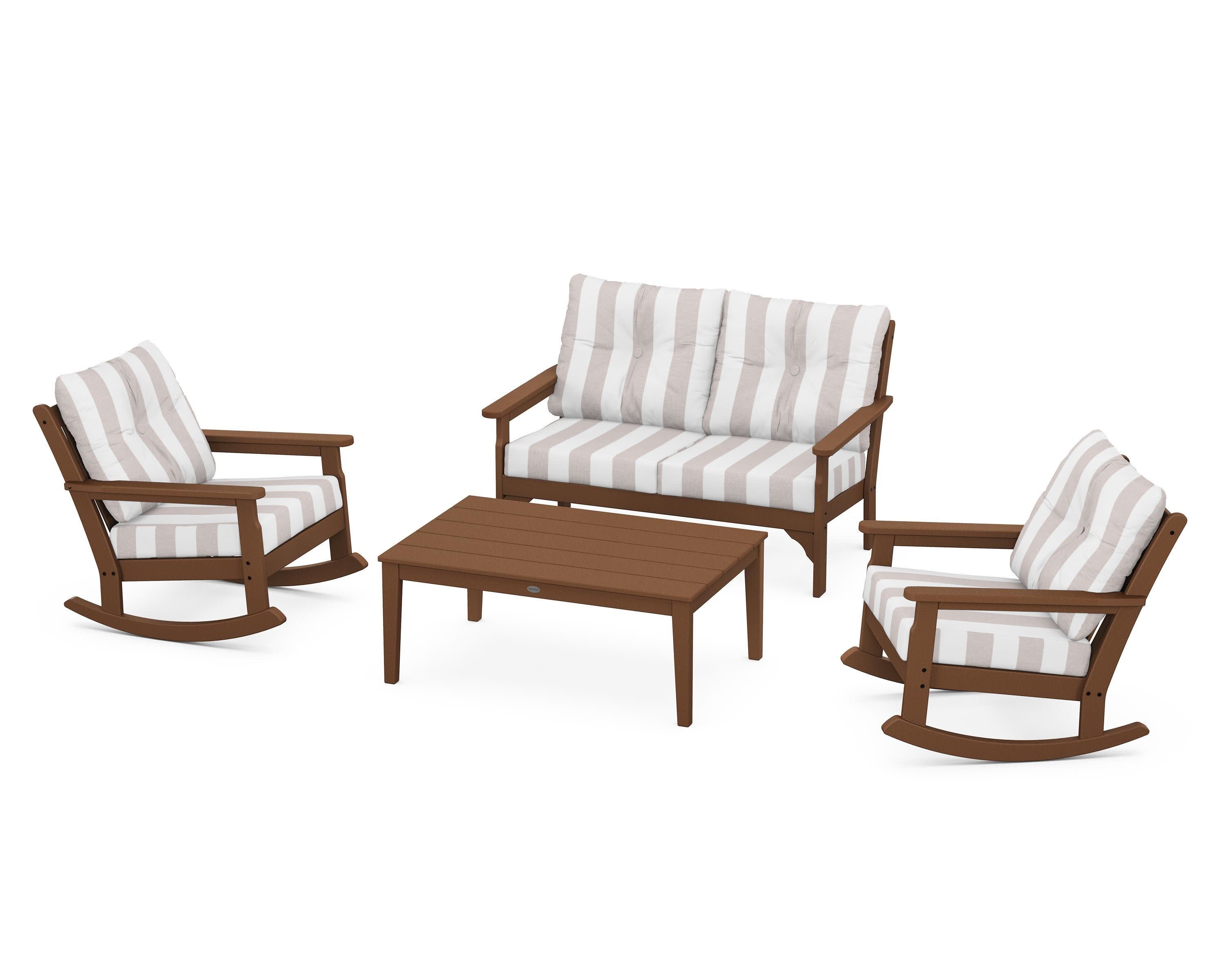 Vineyard 4-Piece Deep Seating Rocking Chair Set in Teak / Cabana Stripe Dune Burlap