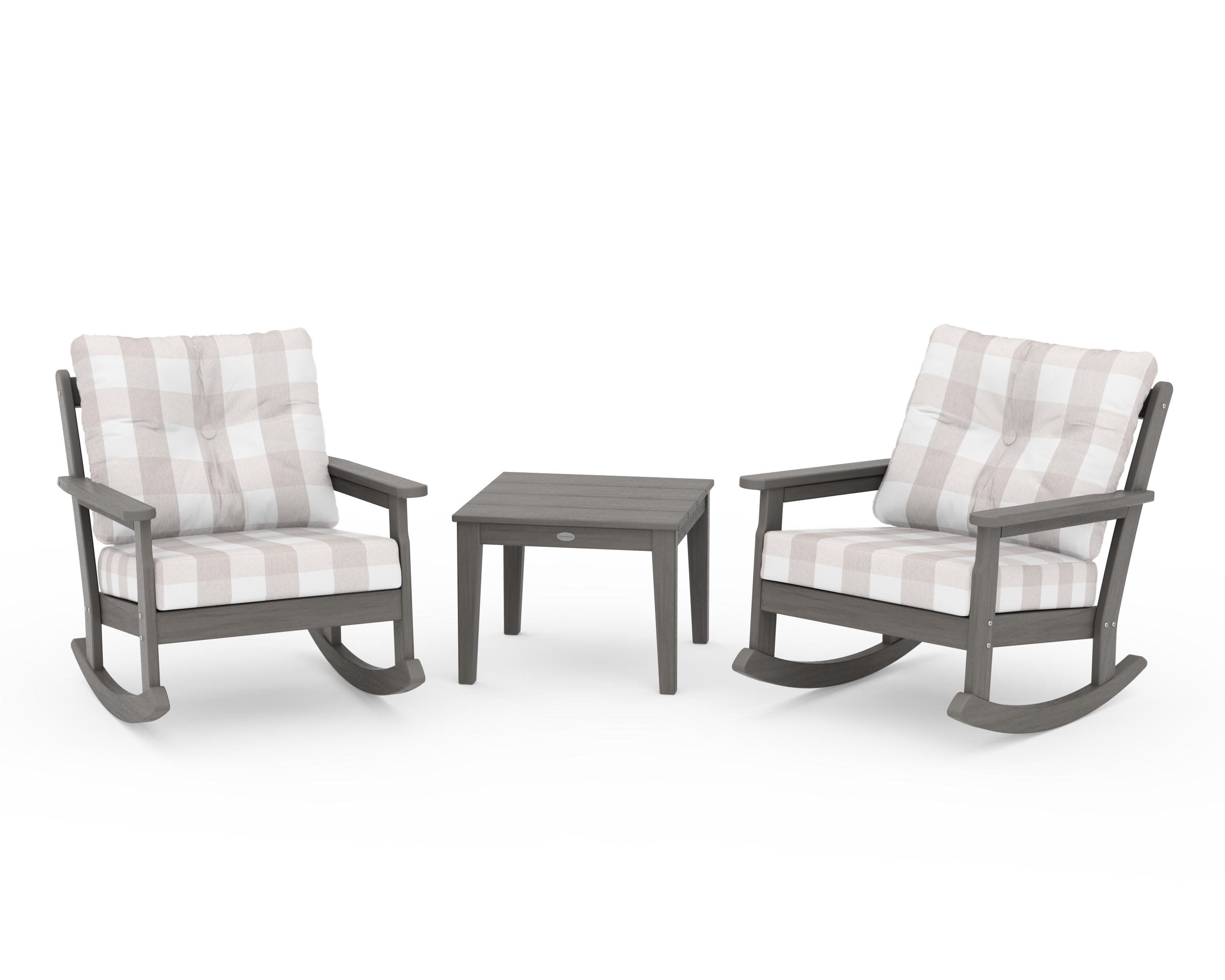 Vineyard 3-Piece Deep Seating Rocker Set in Driftwood / Buffalo Plaid Dune Burlap