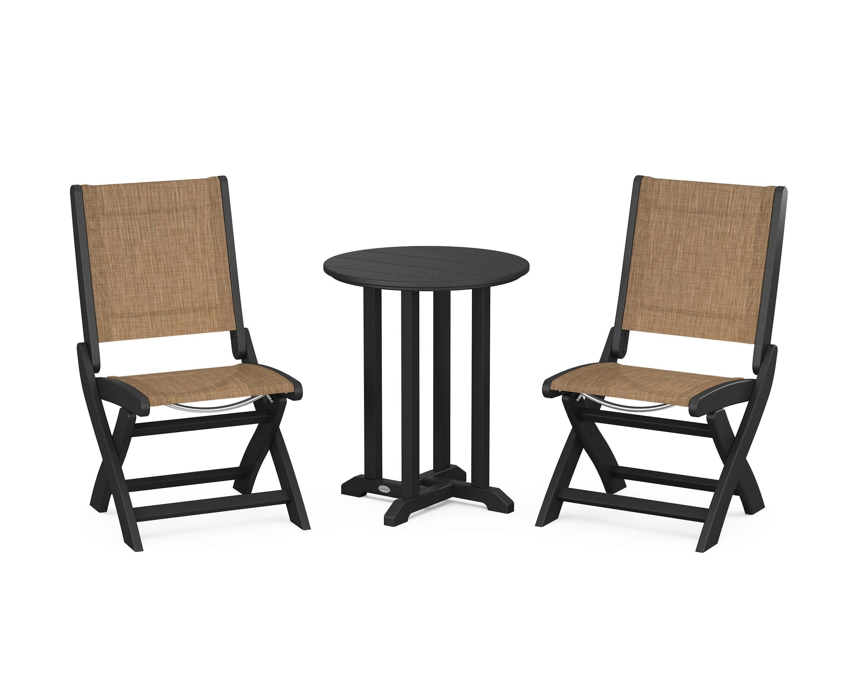 Coastal Folding Side Chair 3-Piece Round Bistro Dining Set in Black / Burlap Sling