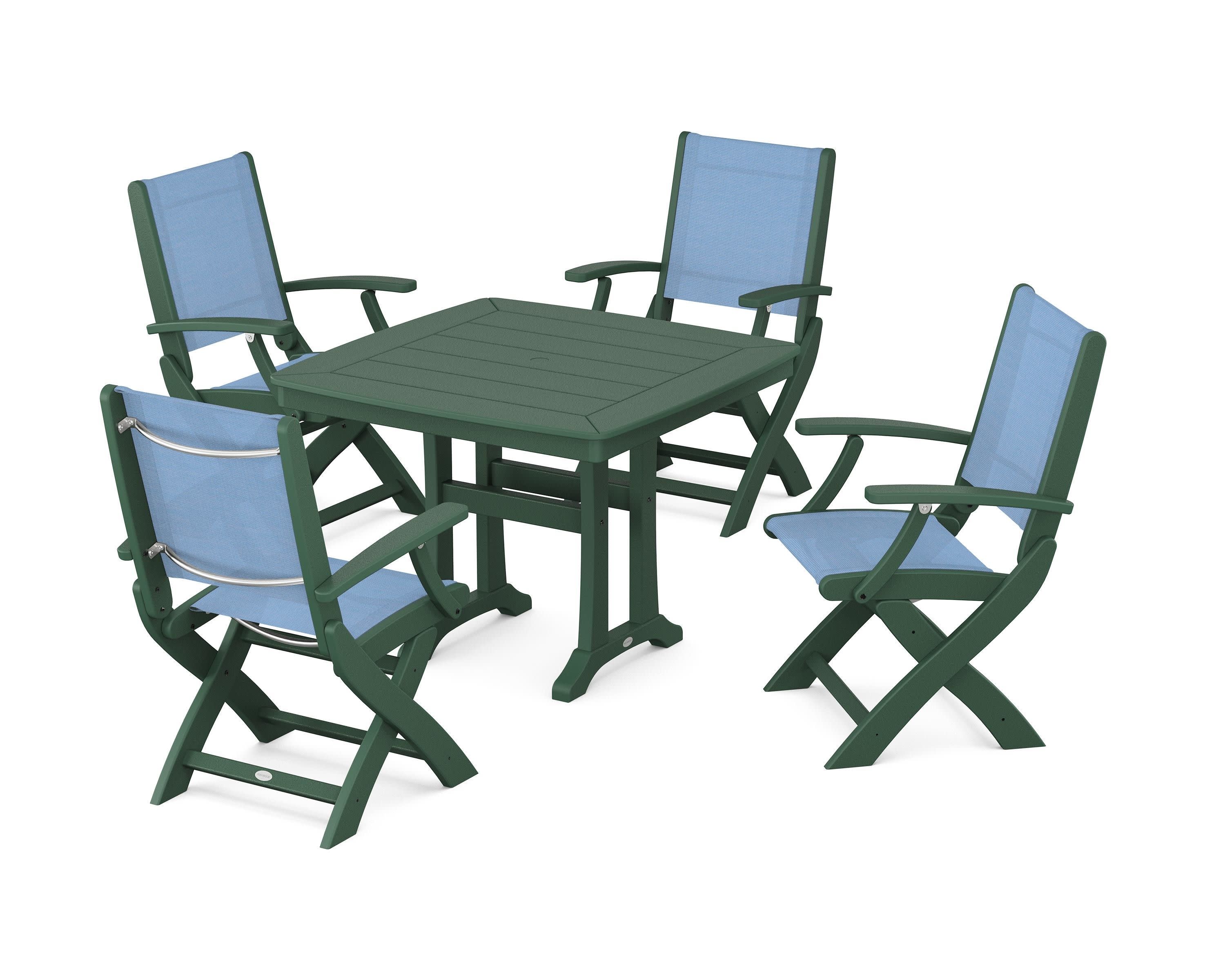 Coastal Folding Chair 5-Piece Dining Set with Trestle Legs in Green / Poolside Sling