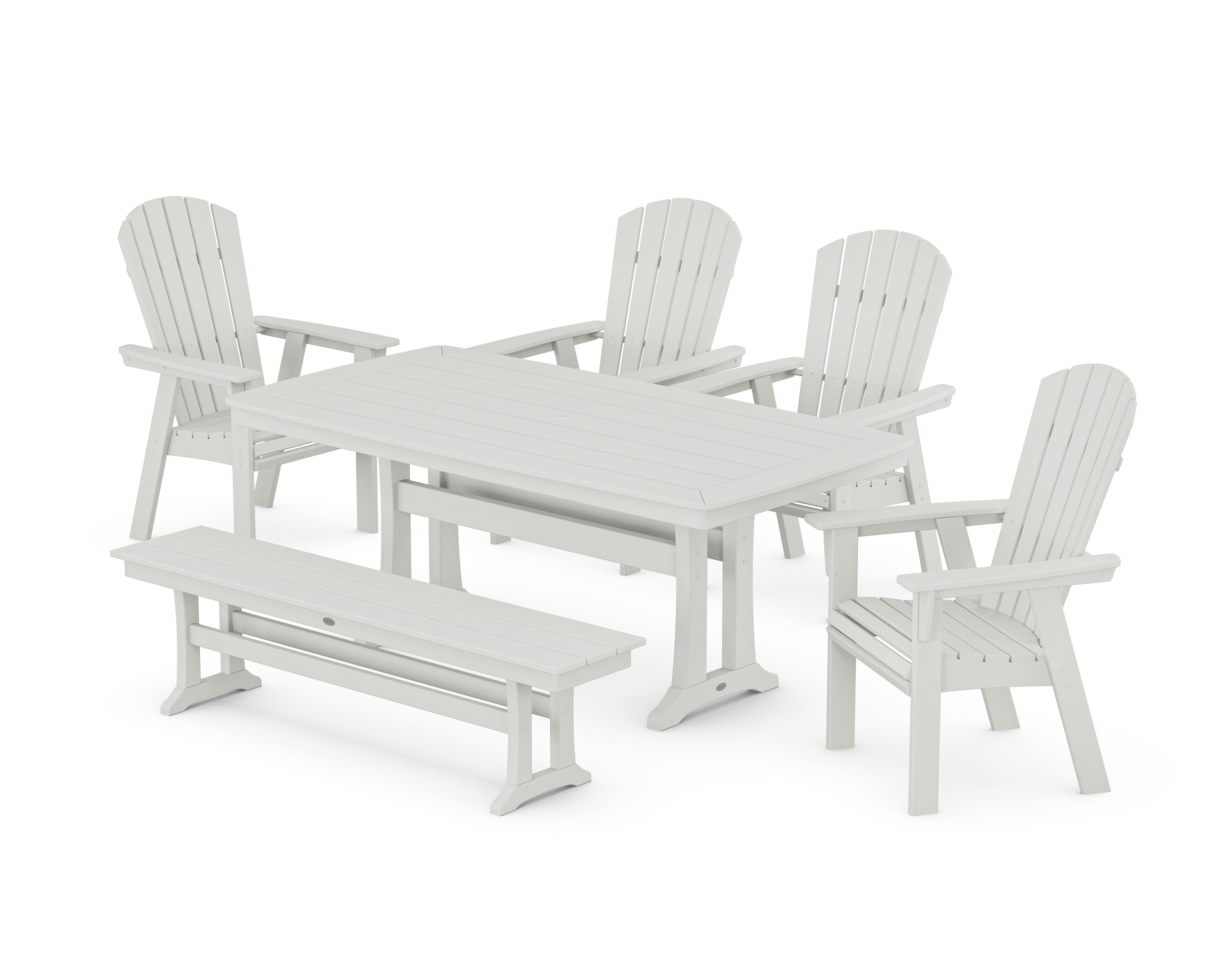 Nautical Curveback Adirondack 6-Piece Dining Set with Trestle Legs and Bench in Vintage White