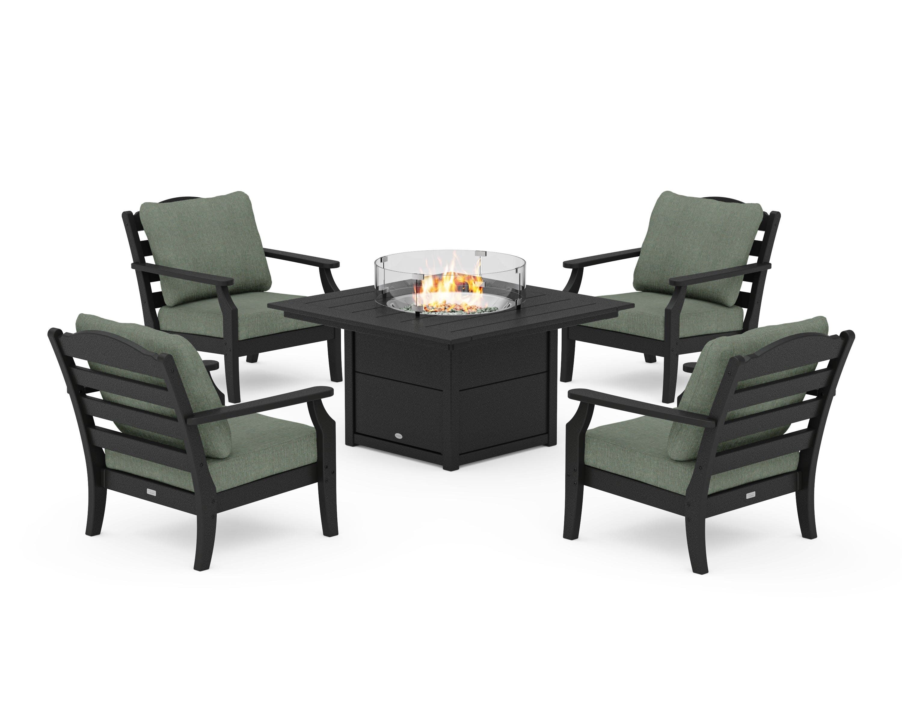 Savannah 5-Piece Deep Seating Set with Fire Pit Table in Black / Cast Sage
