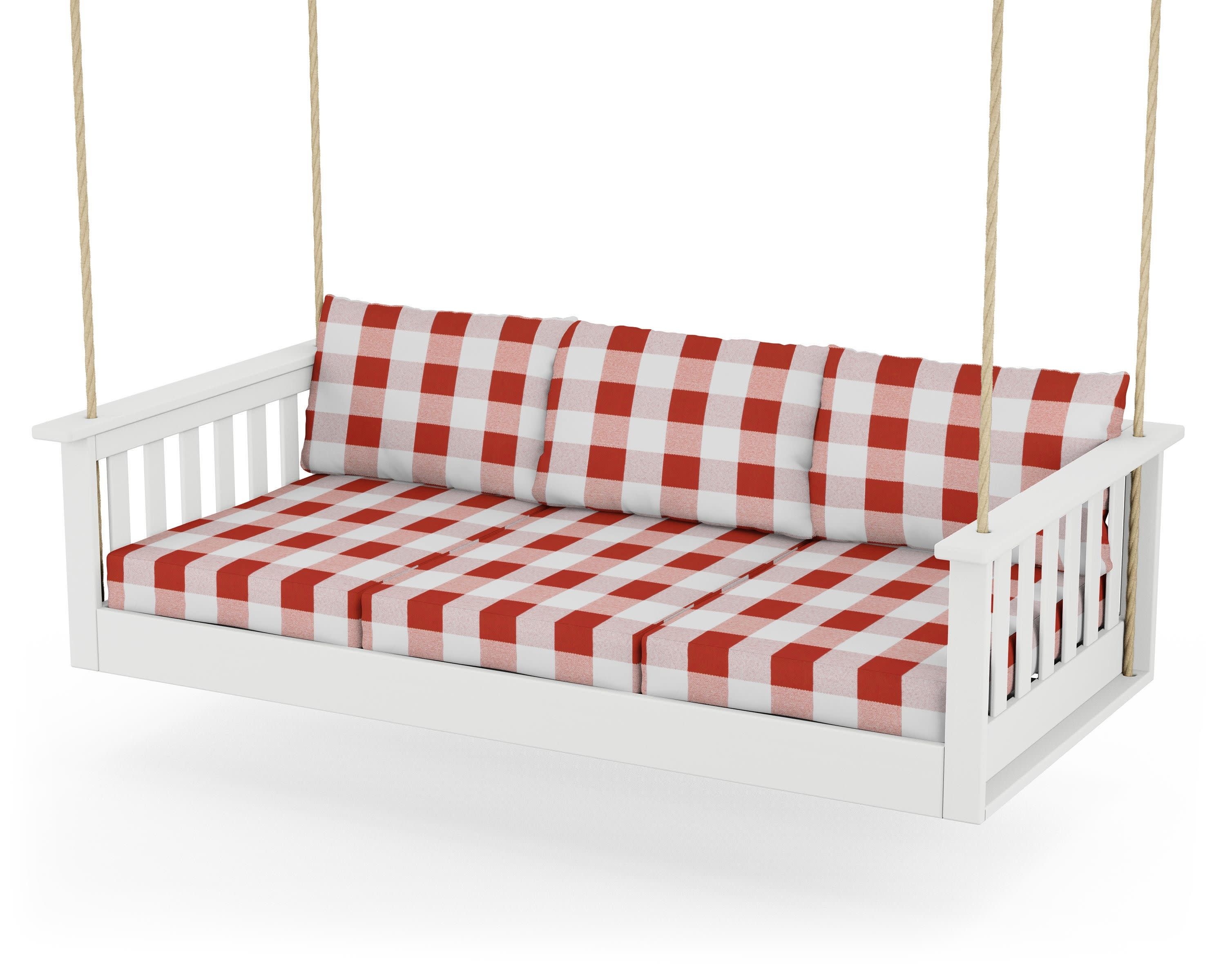 Vineyard Daybed Swing in White / Buffalo Plaid Crimson