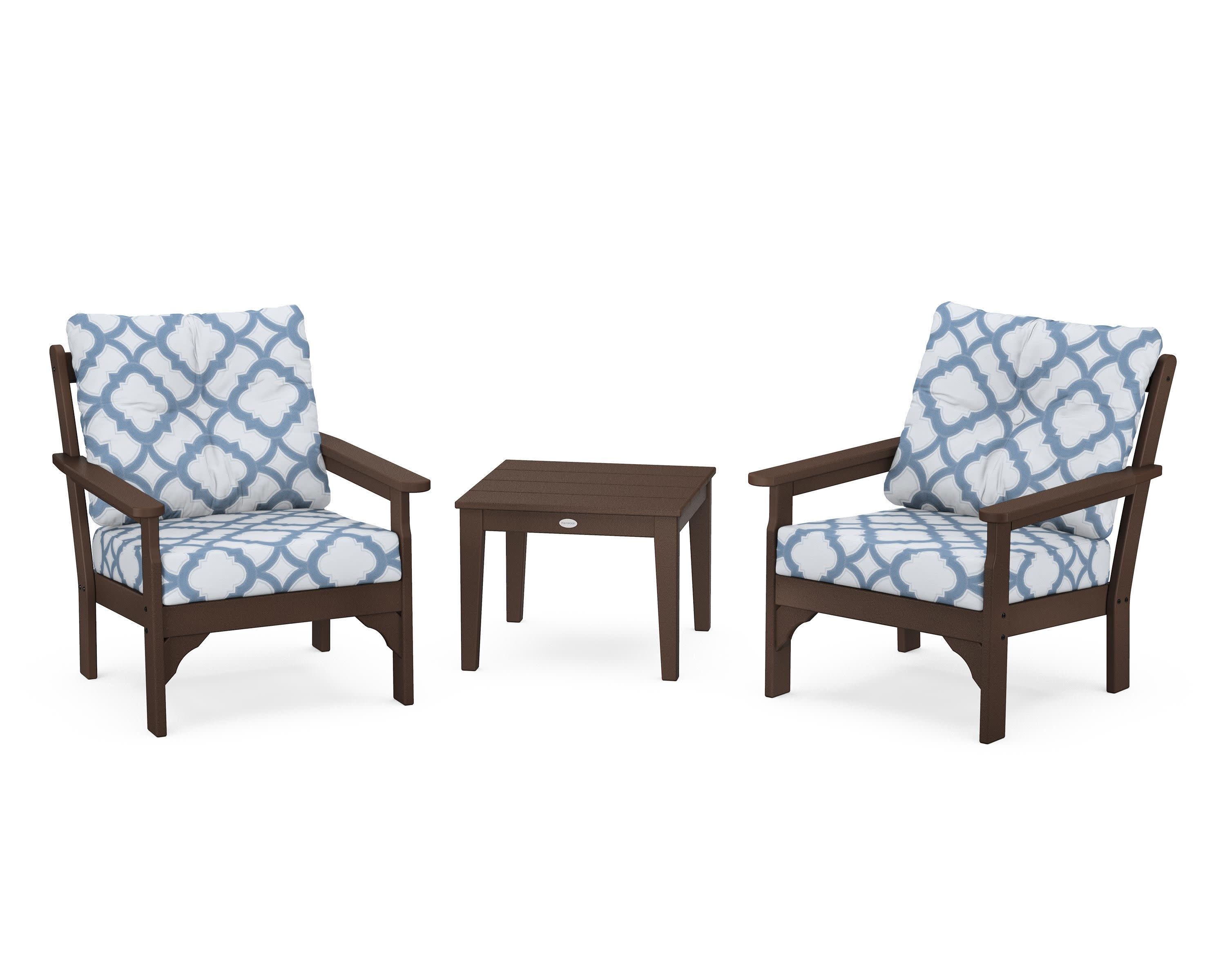 Vineyard 3-Piece Deep Seating Set in Mahogany / Trellis Sky Blue