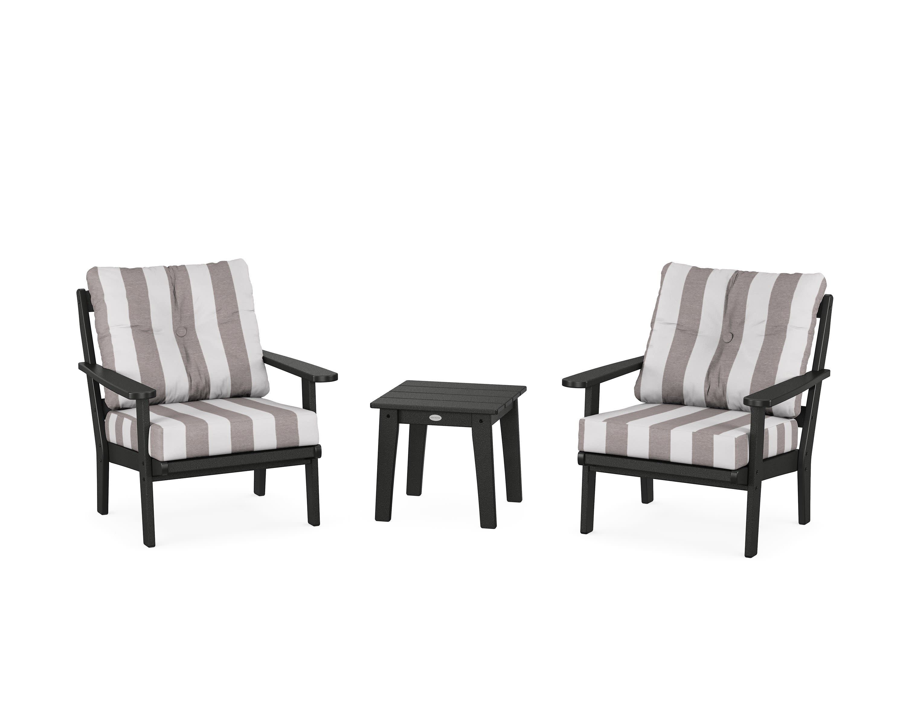 Mission 3-Piece Deep Seating Set in Black / Cabana Stripe Grey Mist