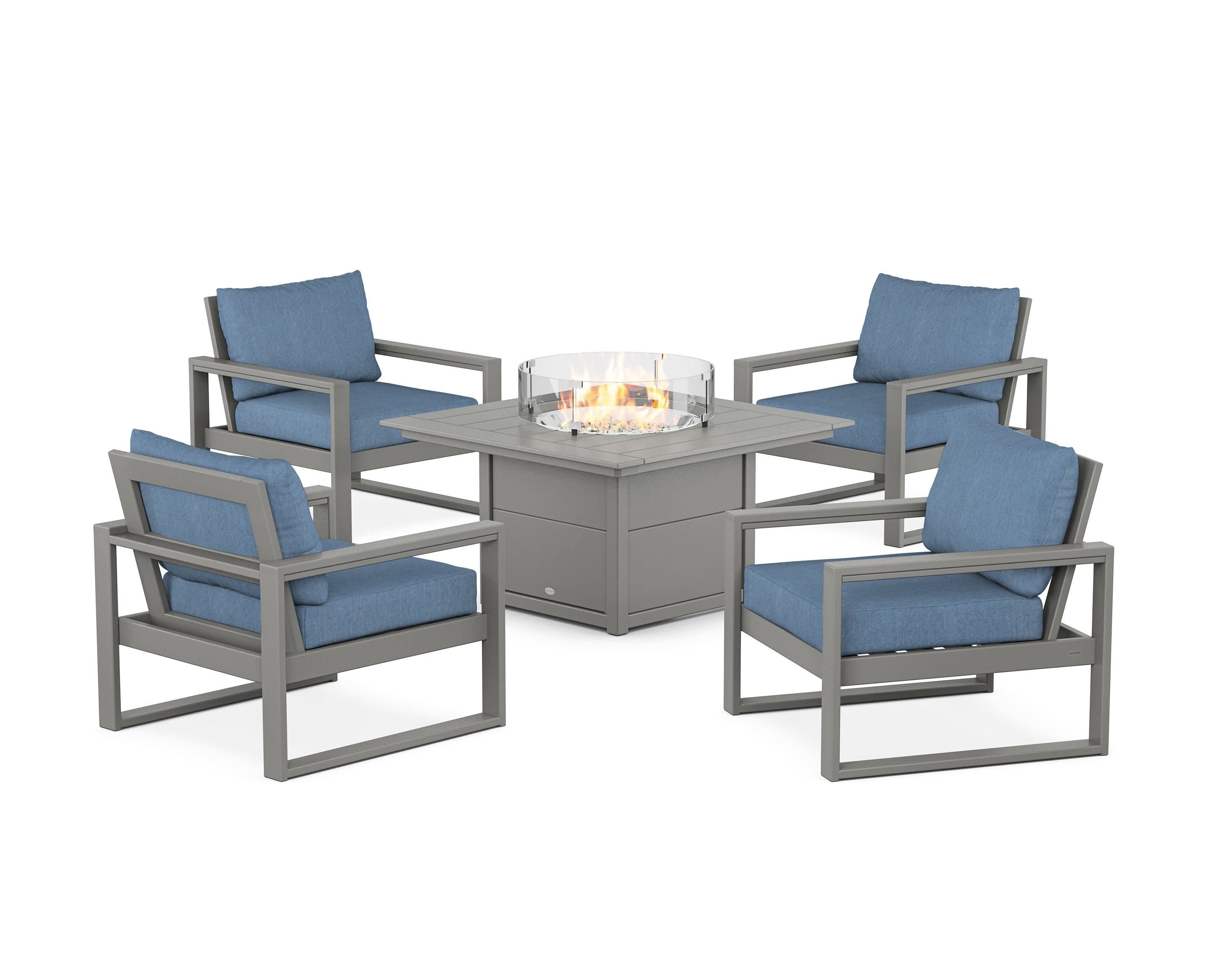 EDGE Sectional 5-Piece Deep Seating Set with Fire Pit Table in Slate Grey / Sky Blue