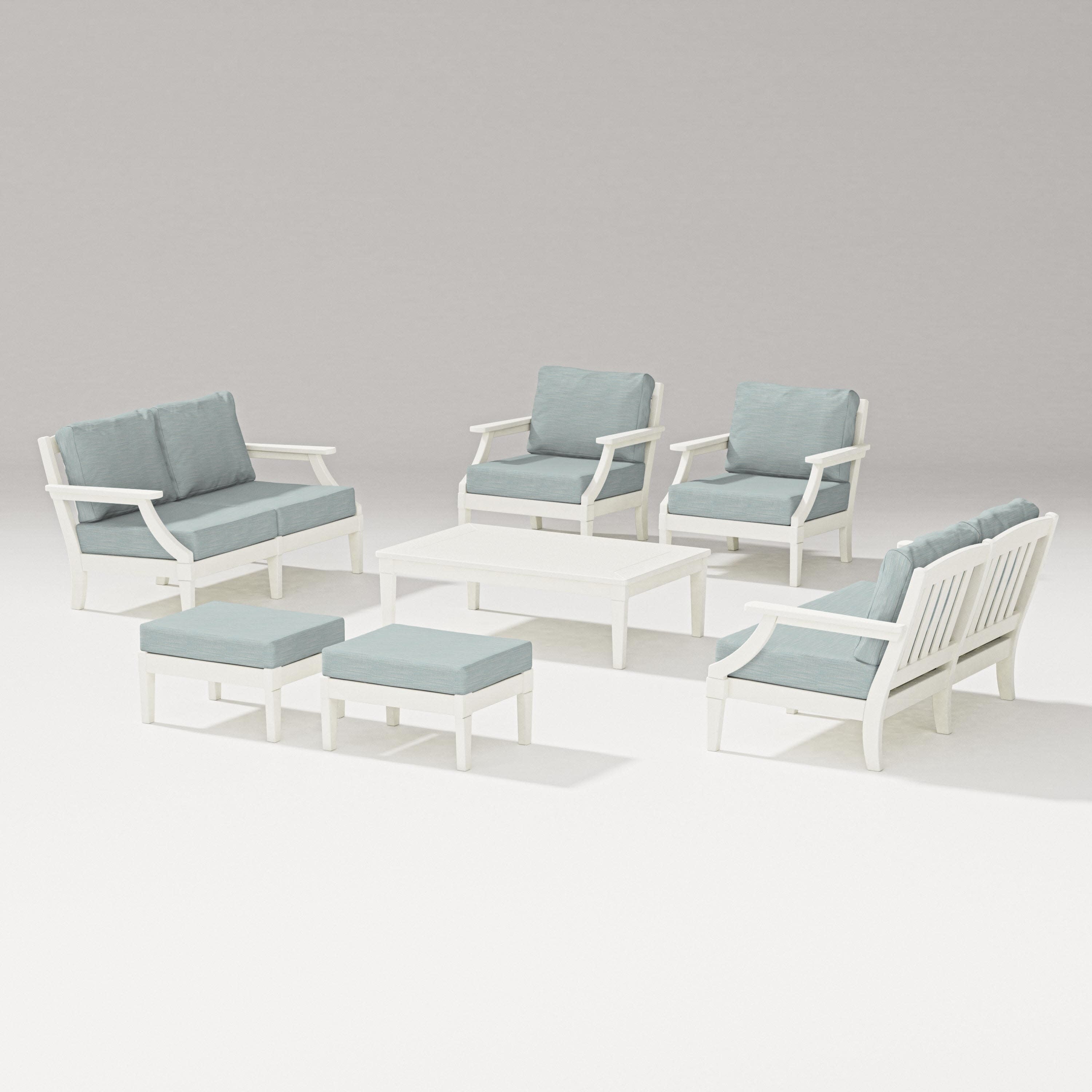 Estate 7-Piece Lounge Loveseat Set in Vintage White / Soothe Mist