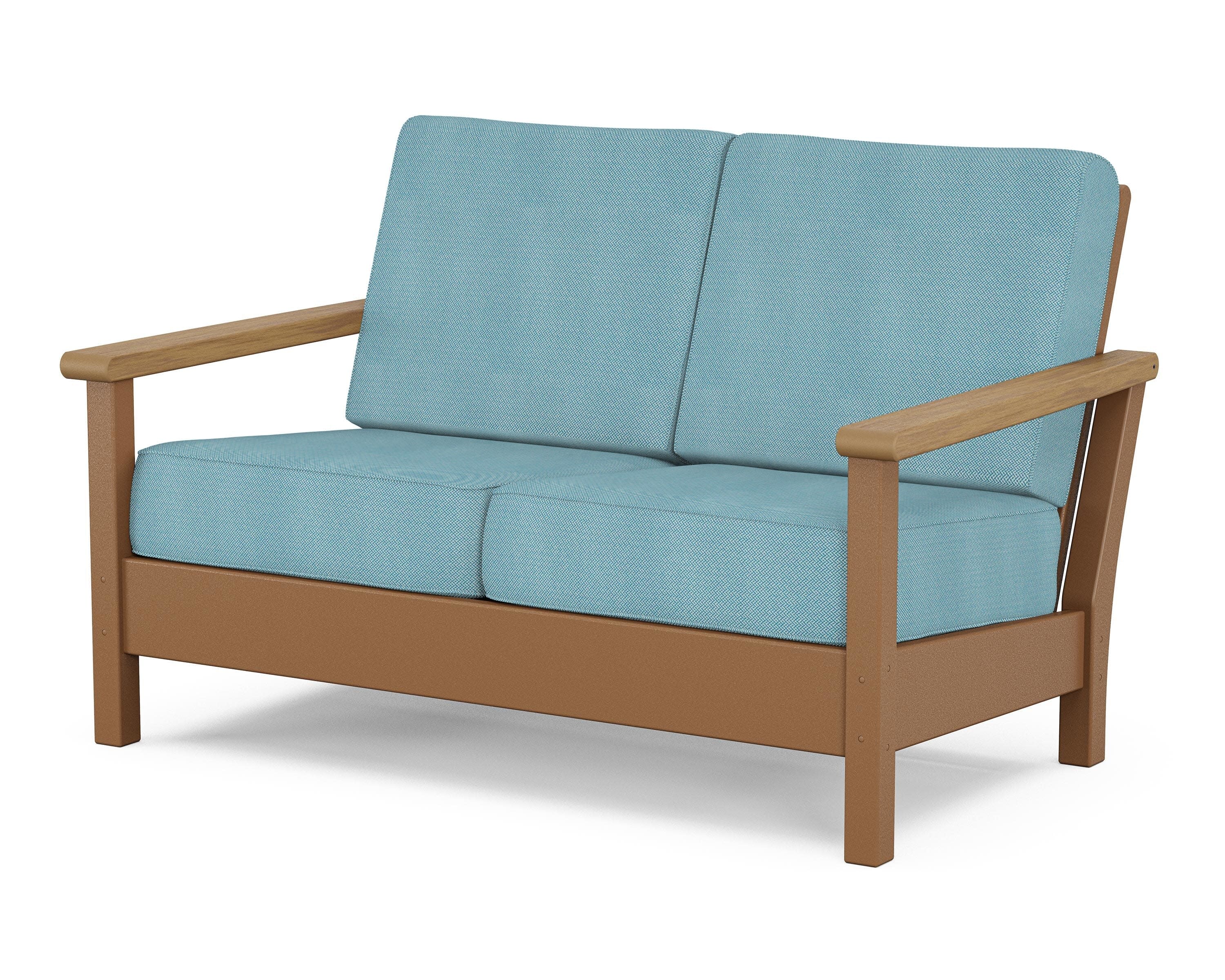 Harbour Deep Seating Loveseat in Teak / Natural / Lattice Sky Blue