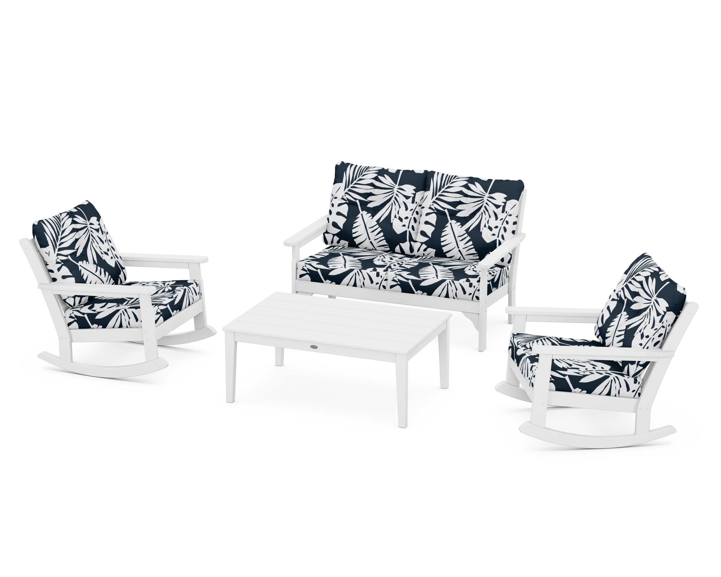 Vineyard 4-Piece Deep Seating Rocking Chair Set in White / Leaf Marine Indigo