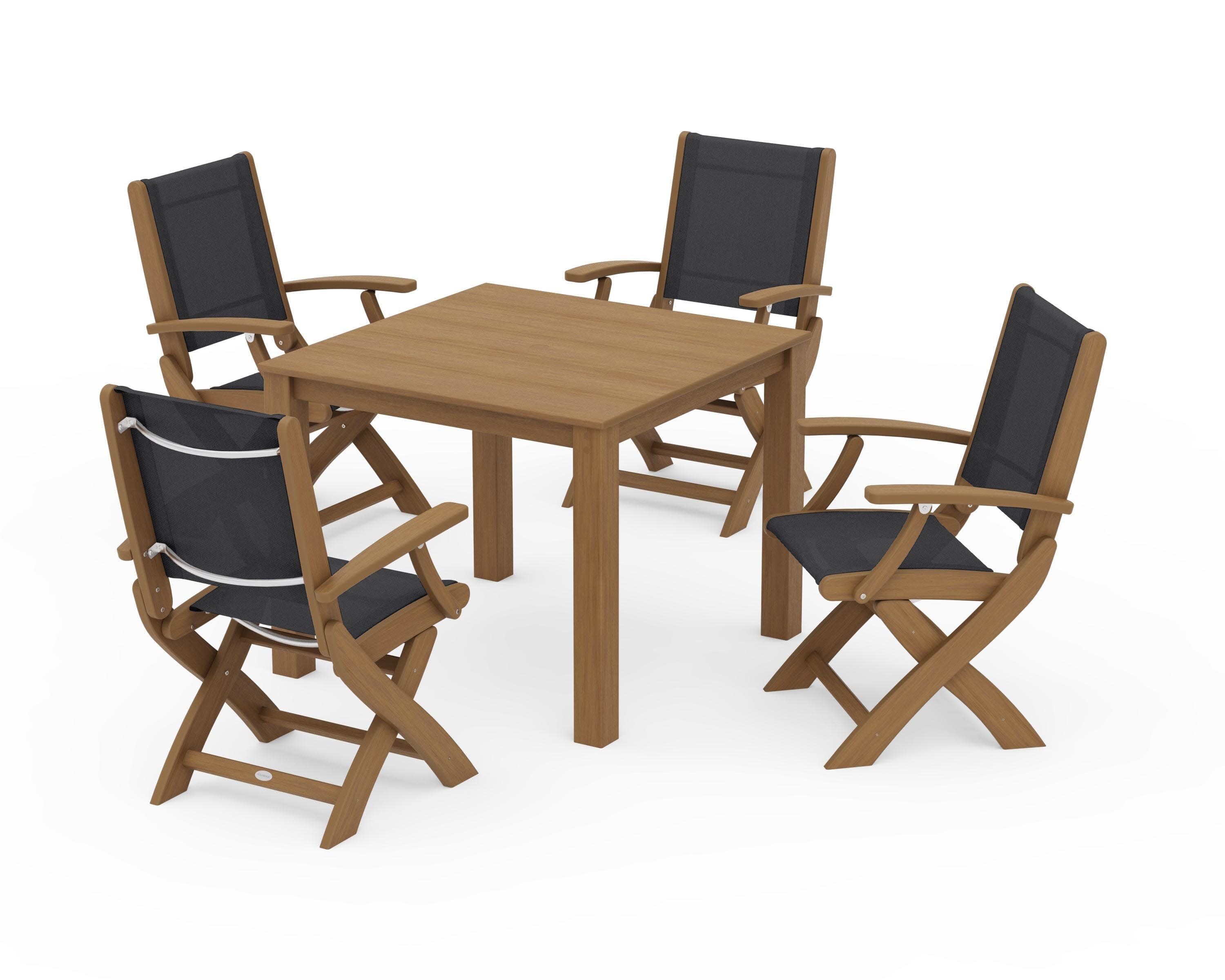Coastal Folding Chair 5-Piece Parsons Dining Set in Natural / Black Sling