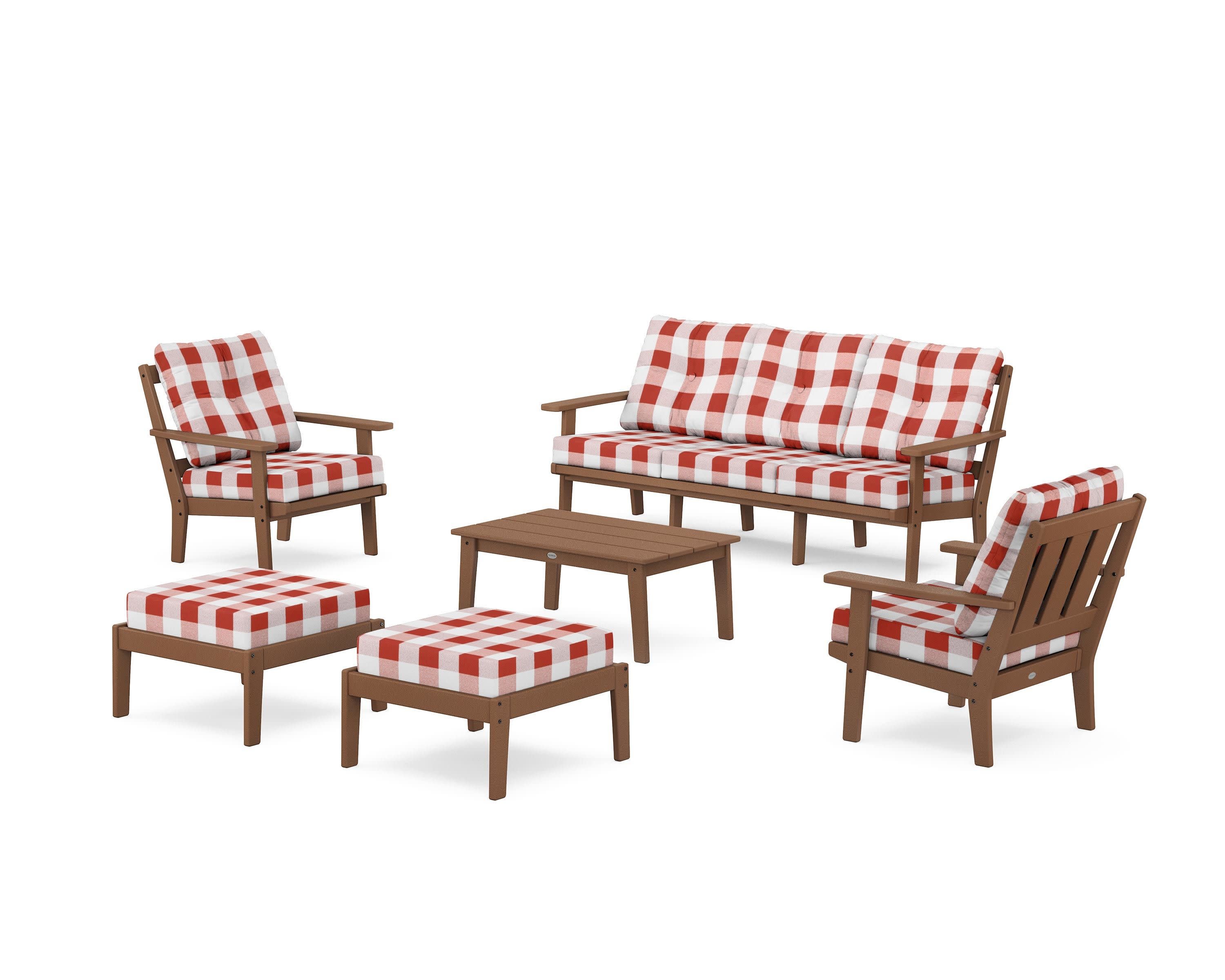 Oxford 6-Piece Lounge Sofa Set in Teak / Buffalo Plaid Crimson