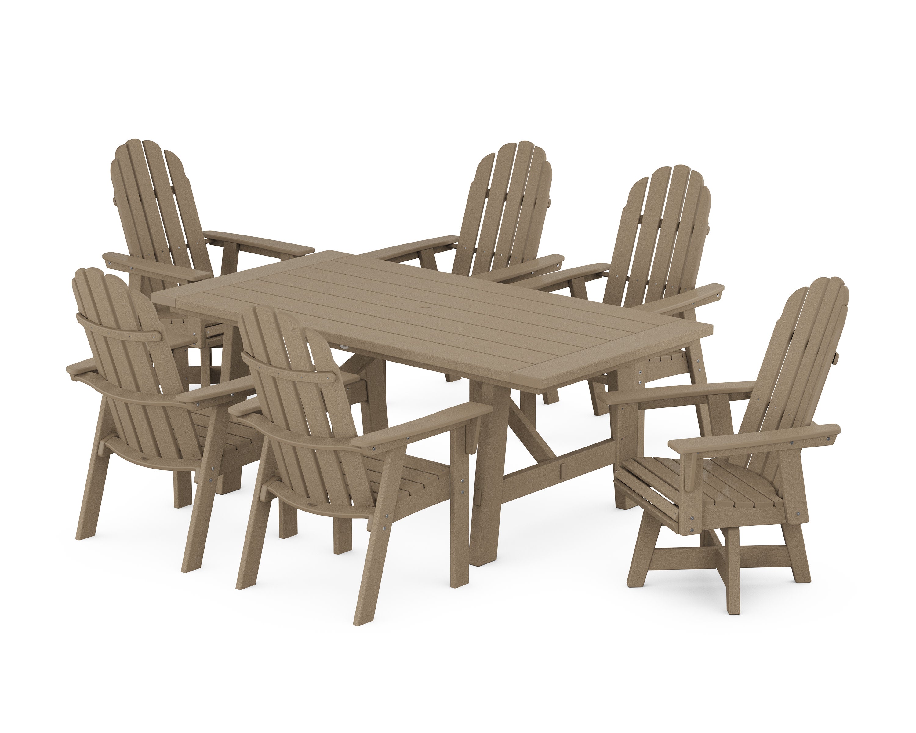 Vineyard Curveback Adirondack Swivel Chair 7-Piece Rustic Farmhouse Dining Set in Vintage Sahara
