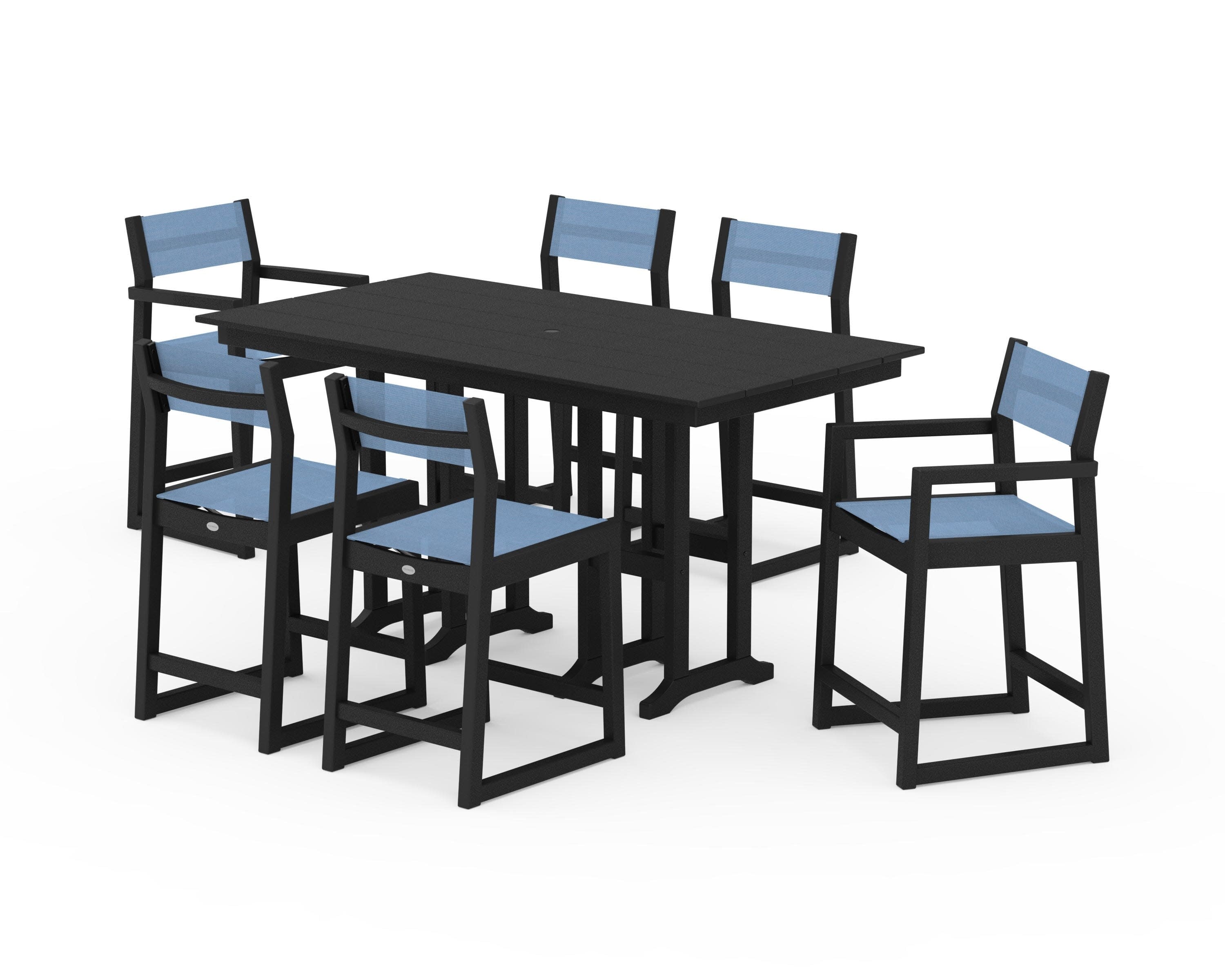 EDGE Sling 7-Piece Farmhouse Counter Set with Trestle Legs in Black / Poolside Sling