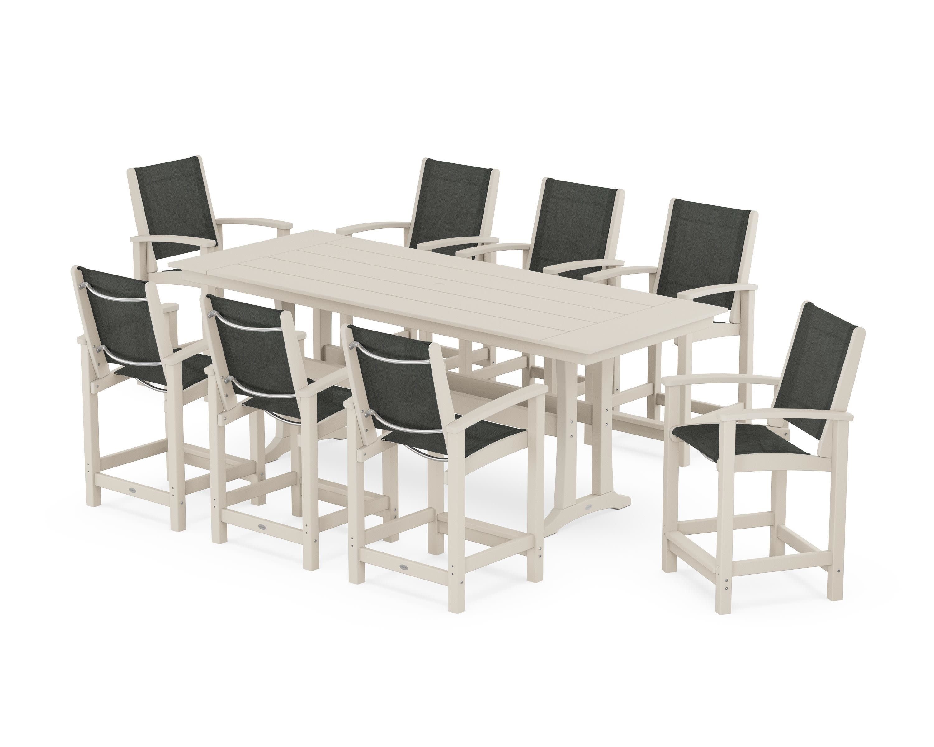 Coastal 9-Piece Farmhouse Counter Set with Trestle Legs in Sand / Ember Sling