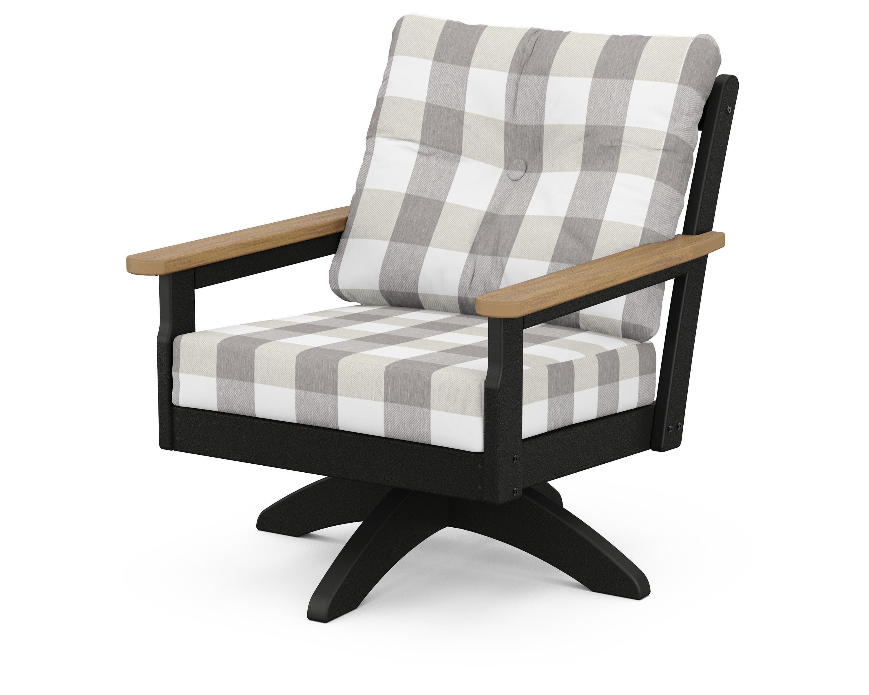 Vineyard Deep Seating Swivel Chair in Black / Natural / Buffalo Plaid Grey Mist