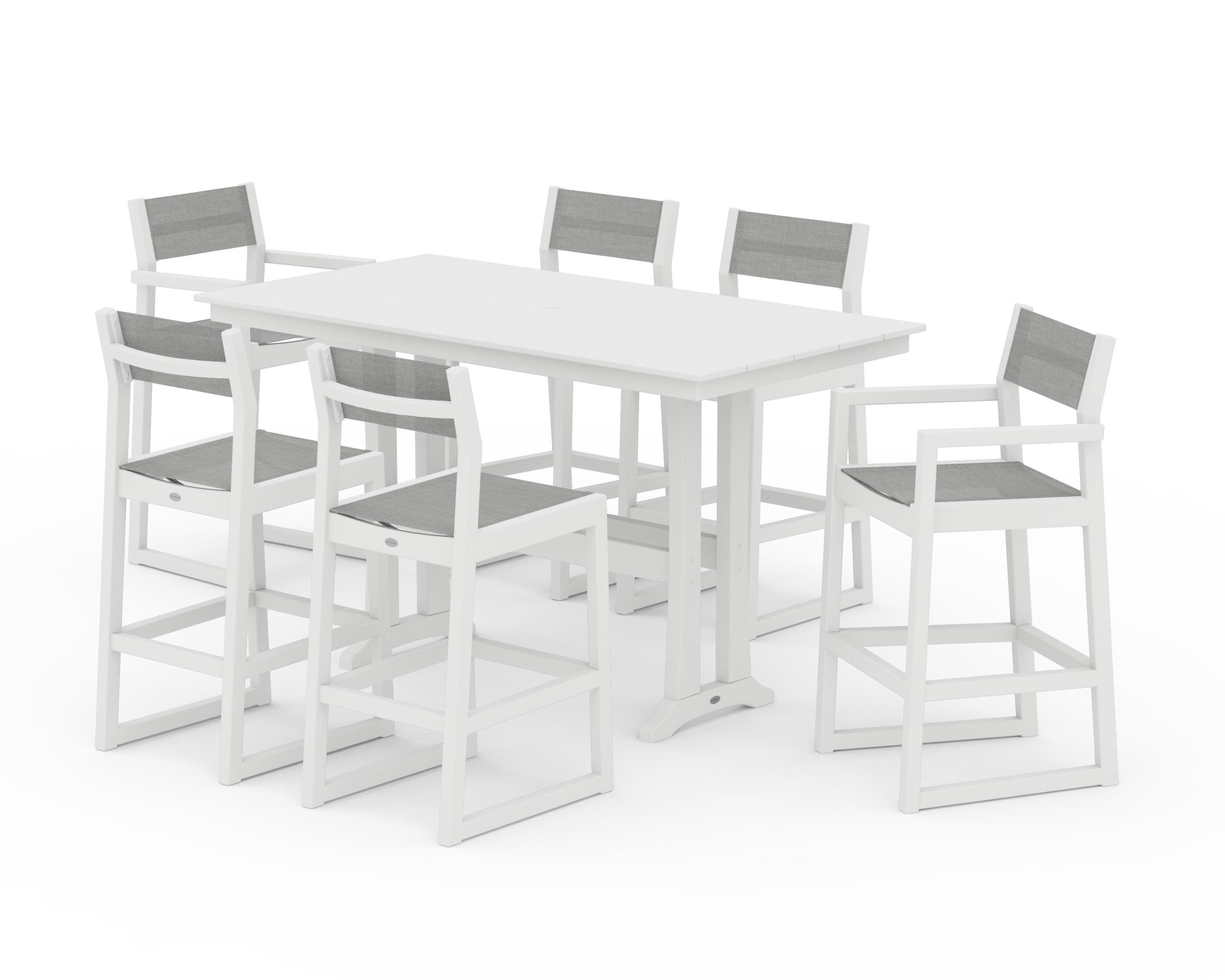 EDGE Sling 7-Piece Farmhouse Bar Set with Trestle Legs in White / Metallic Sling