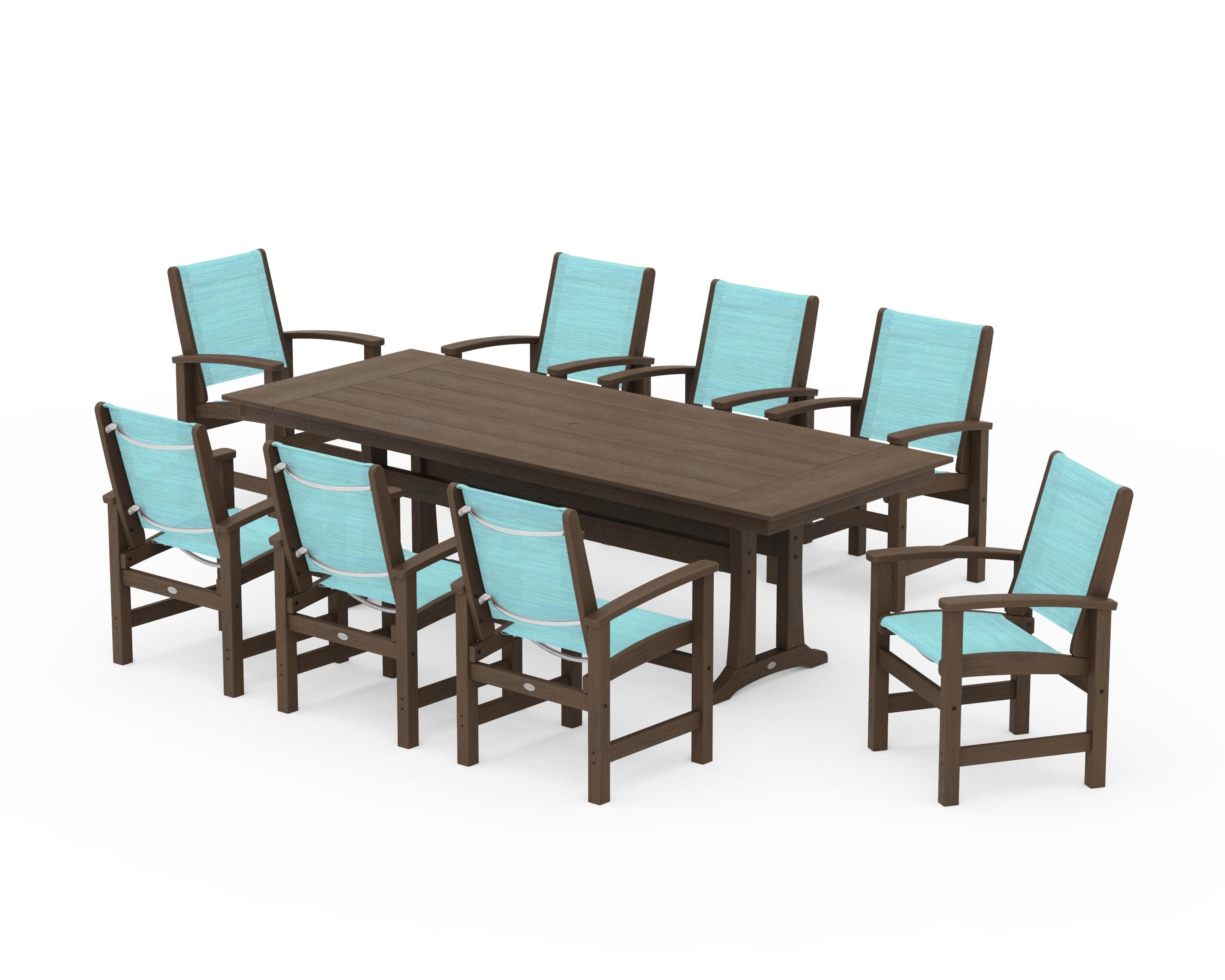 Coastal 9-Piece Farmhouse Dining Set with Trestle Legs in Kona / Dupioni Aquamarine Sling