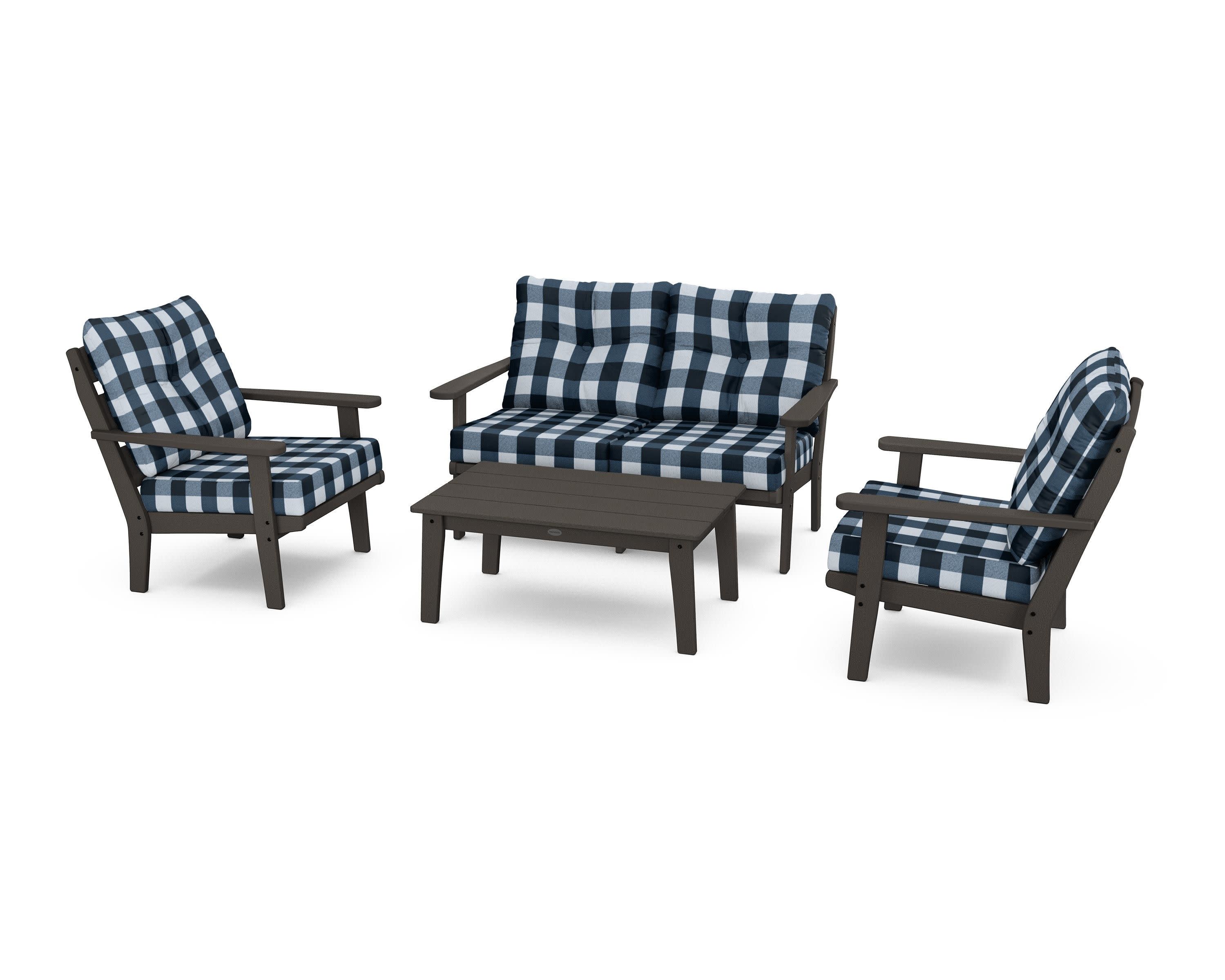 Lakeside 4-Piece Deep Seating Set in Vintage Coffee / Buffalo Plaid Marine Indigo