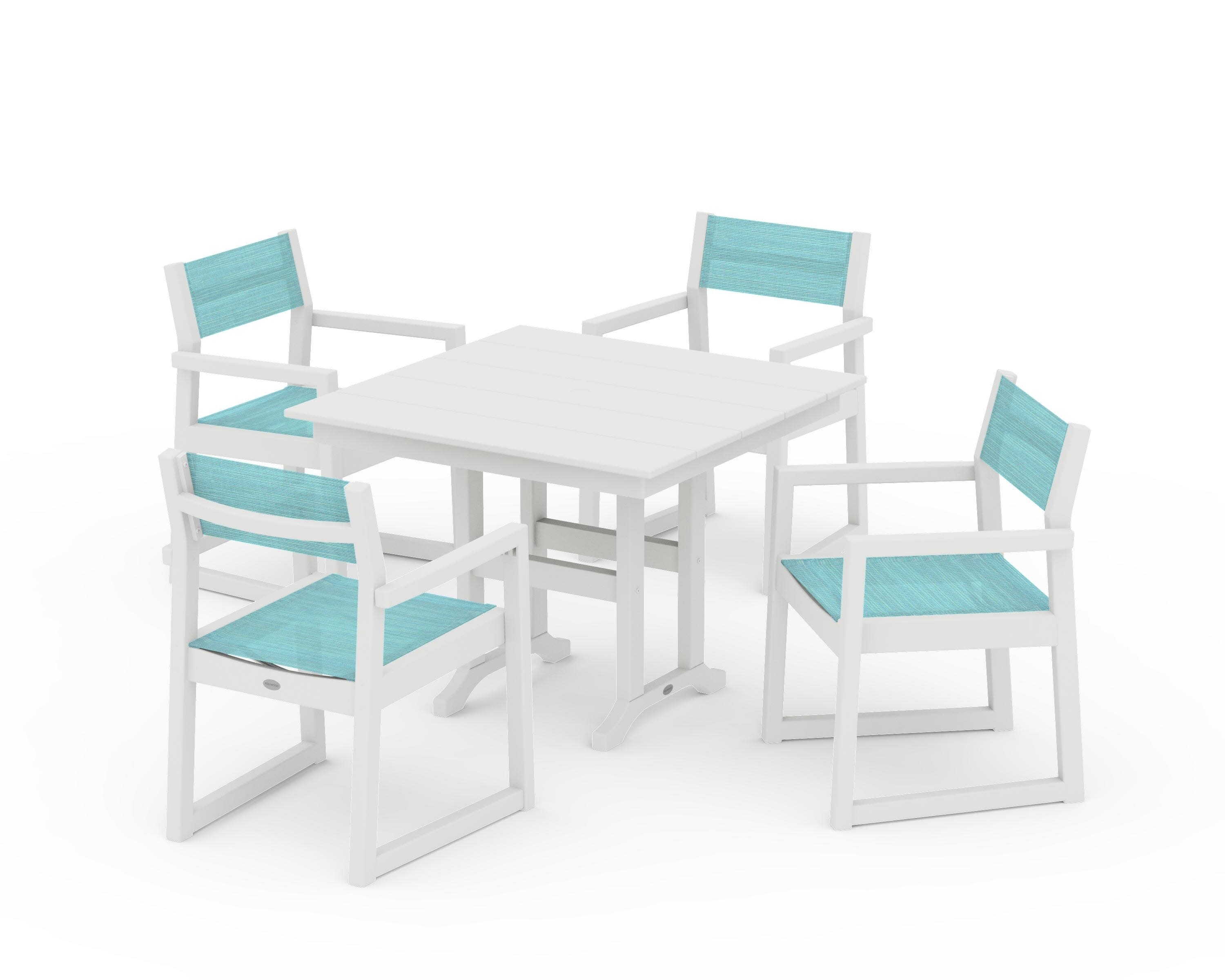 EDGE Sling Arm Chair 5-Piece Farmhouse Dining Set in Vintage White / Dupioni Aquamarine Sling