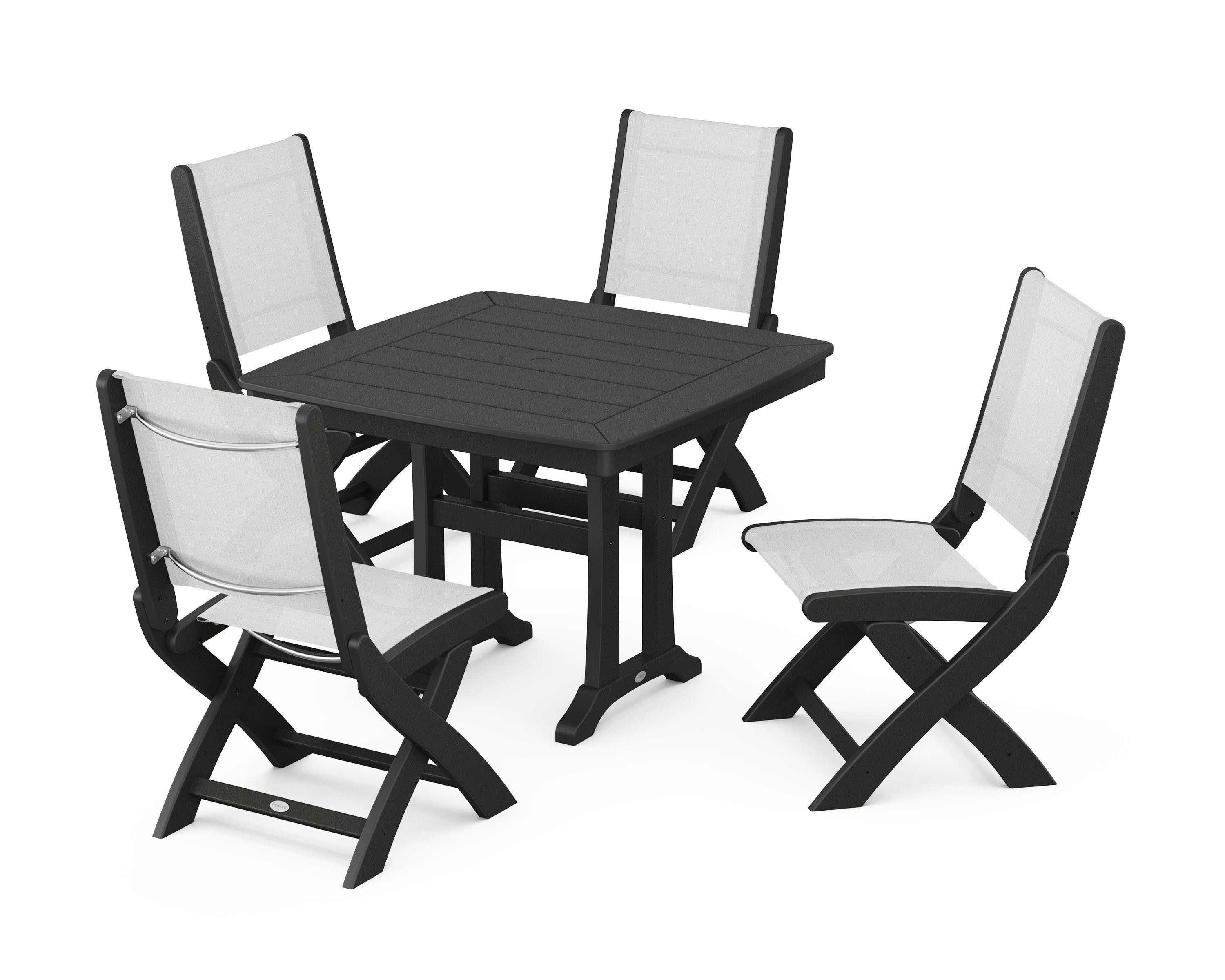 Coastal Folding Side Chair 5-Piece Dining Set with Trestle Legs in Black / White Sling