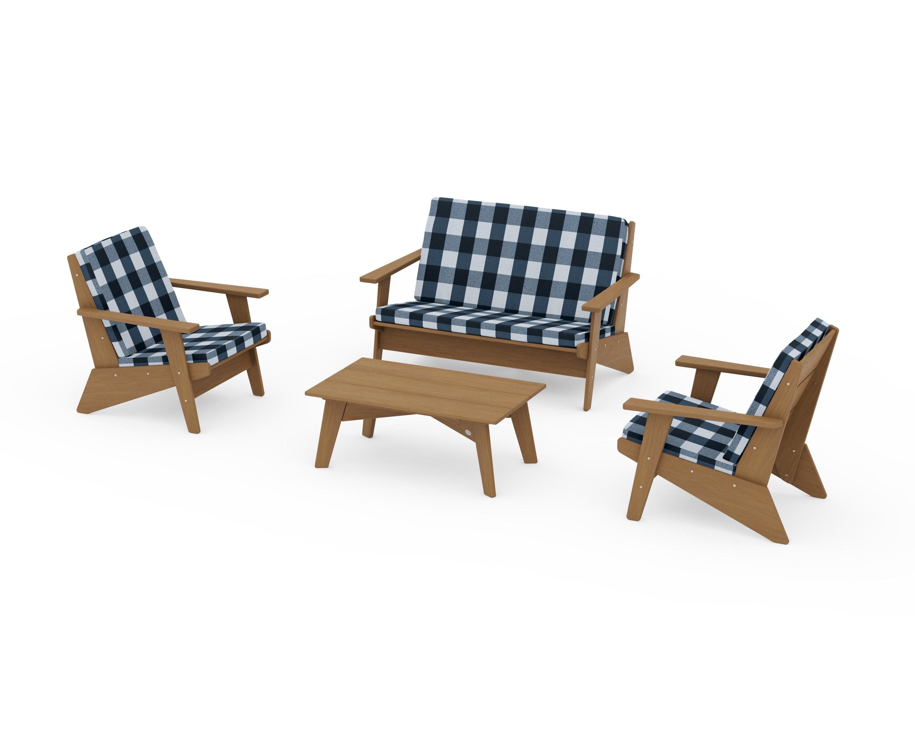 Riviera Modern Lounge 4-Piece Set in Natural / Buffalo Plaid Marine Indigo