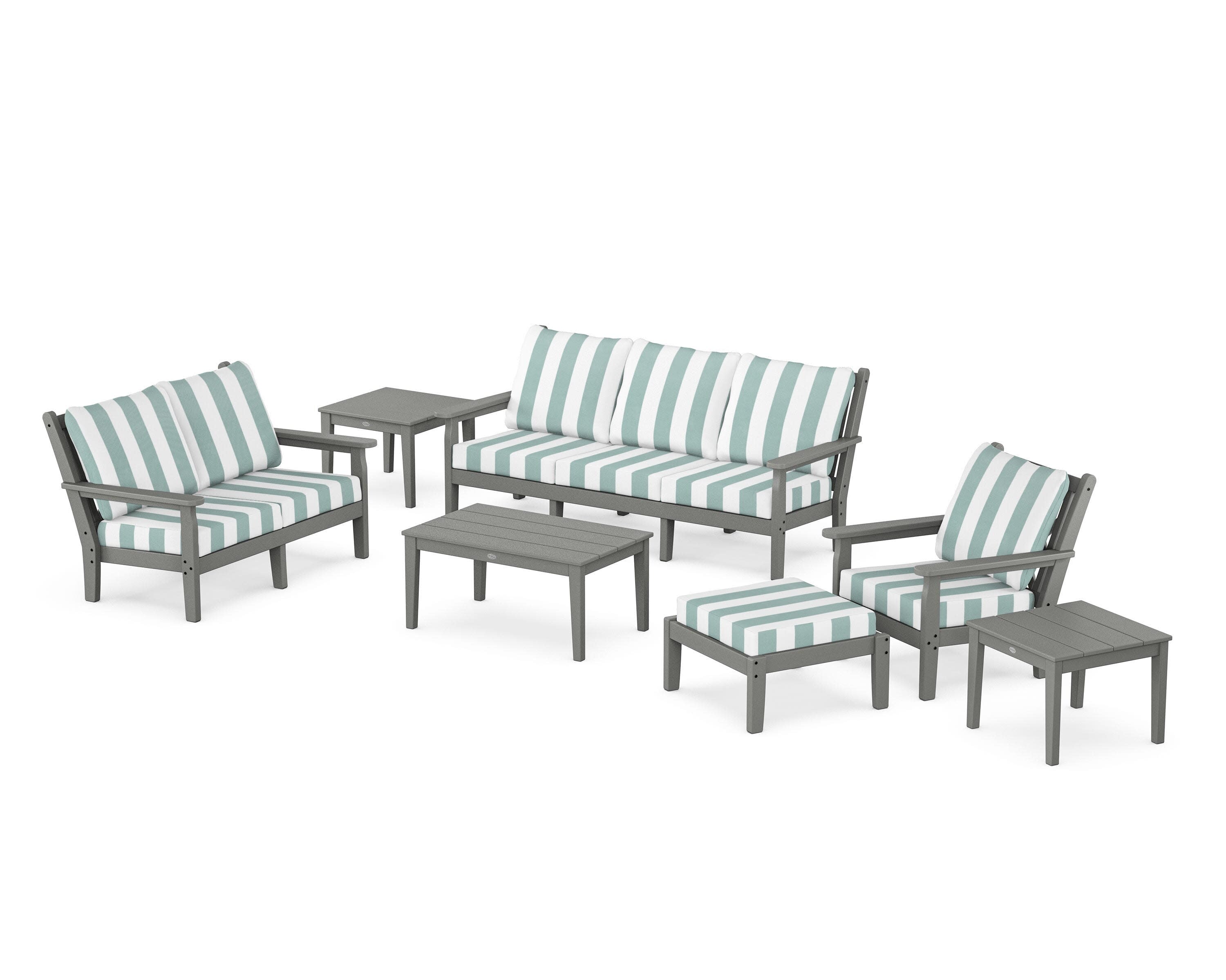 Chippendale 7-Piece Deep Seating Set in Slate Grey / Cabana Stripe Glacier Spa
