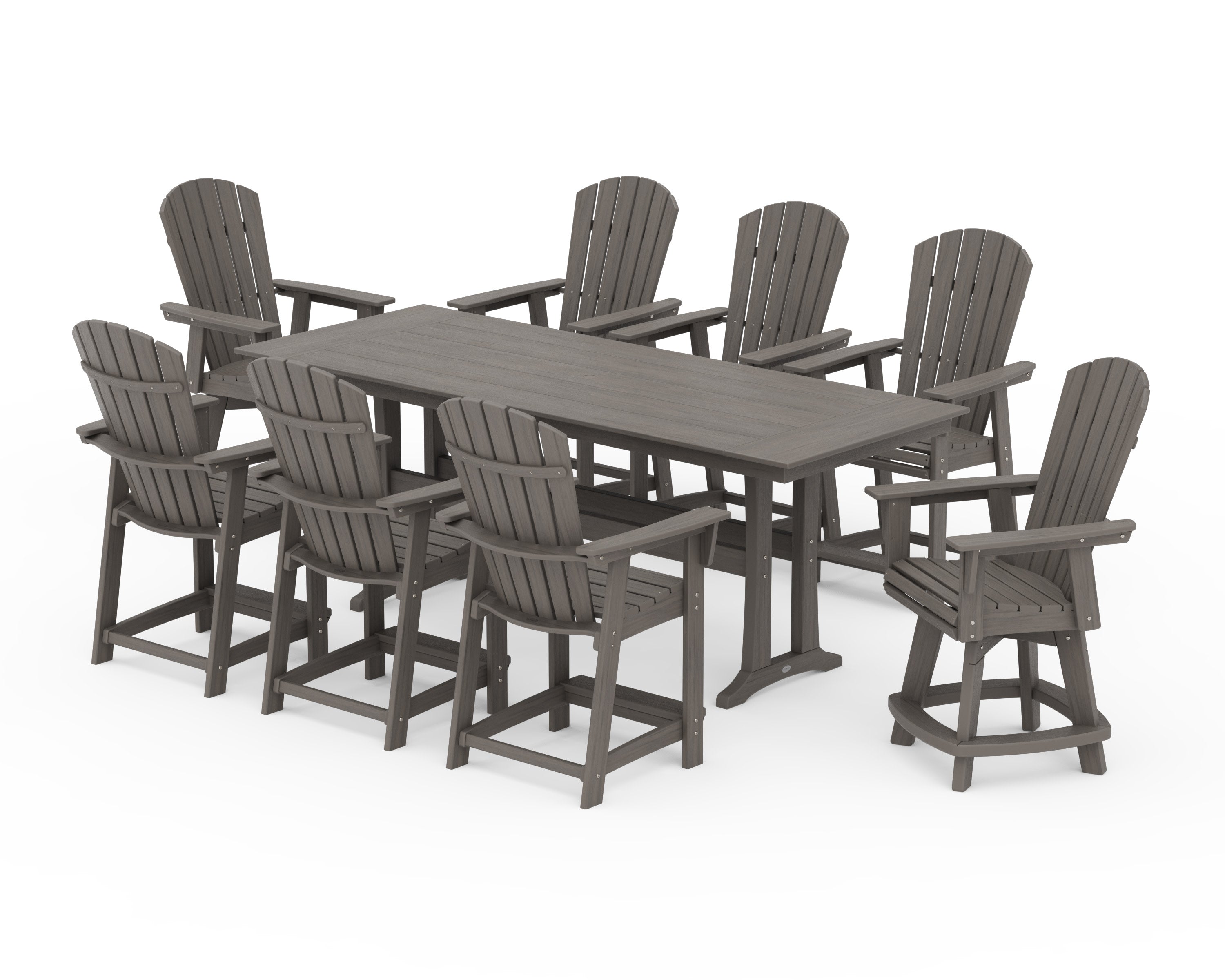 Nautical Curveback Adirondack Swivel Chair 9-Piece Farmhouse Counter Set with Trestle Legs in Driftwood