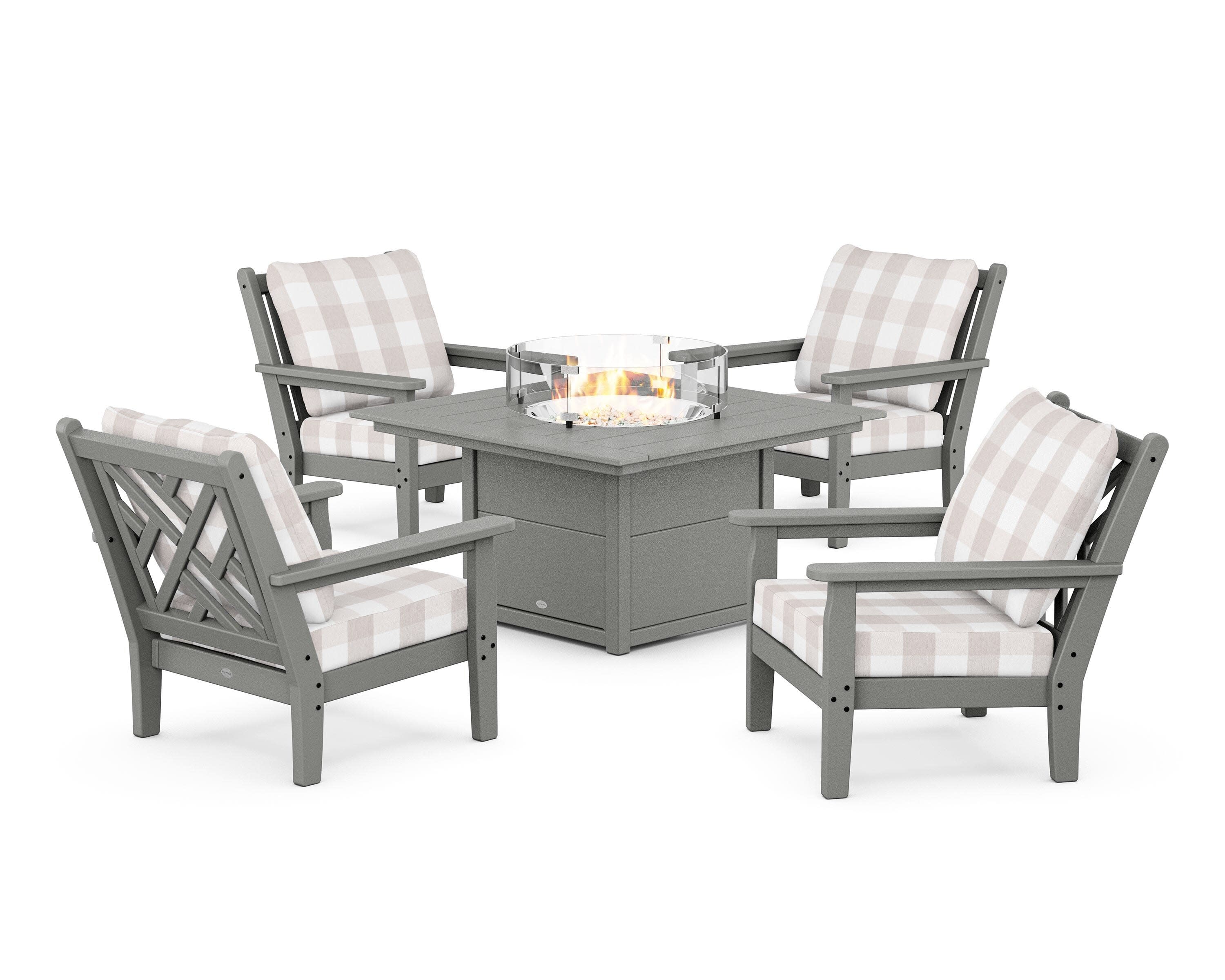 Chippendale 5-Piece Deep Seating Set with Fire Pit Table in Slate Grey / Buffalo Plaid Dune Burlap