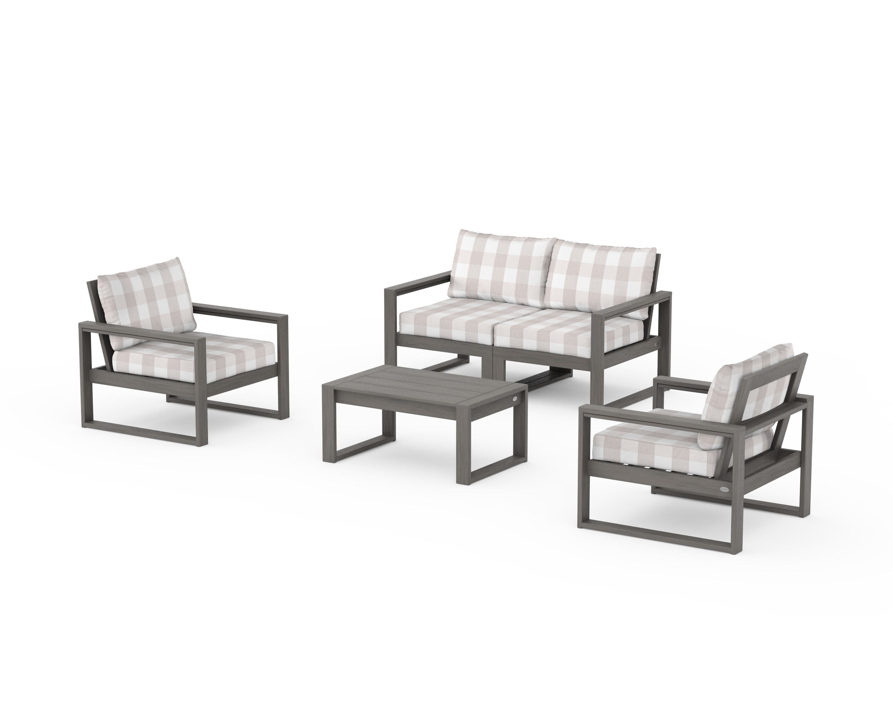 EDGE Sectional 4-Piece Deep Seating Set with Loveseat in Driftwood / Buffalo Plaid Dune Burlap