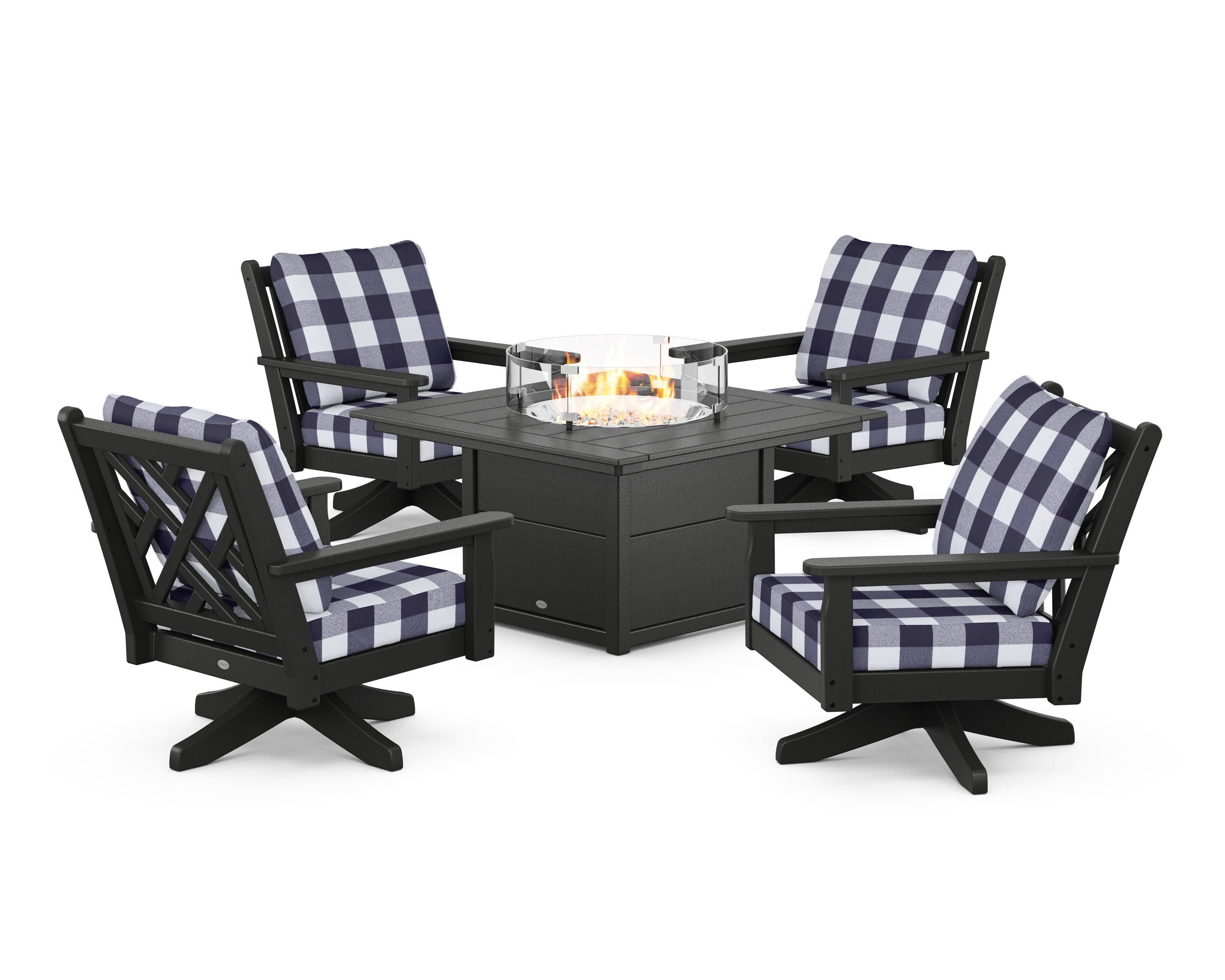 Chippendale 5-Piece Deep Seating Swivel Conversation Set with Fire Pit Table in Black / Buffalo Plaid Navy
