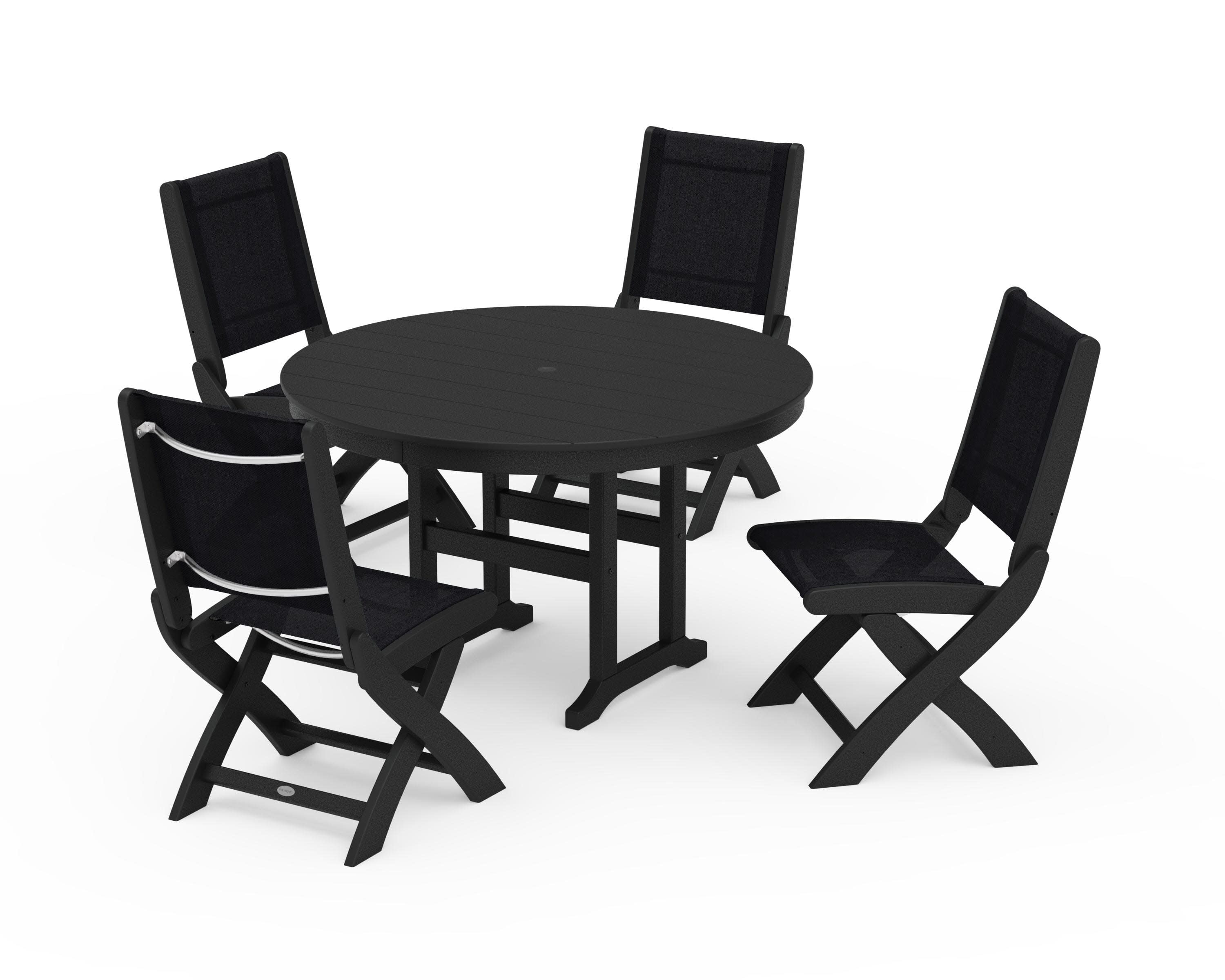 Coastal Folding Side Chair 5-Piece Round Dining Set in Black / Black Sling