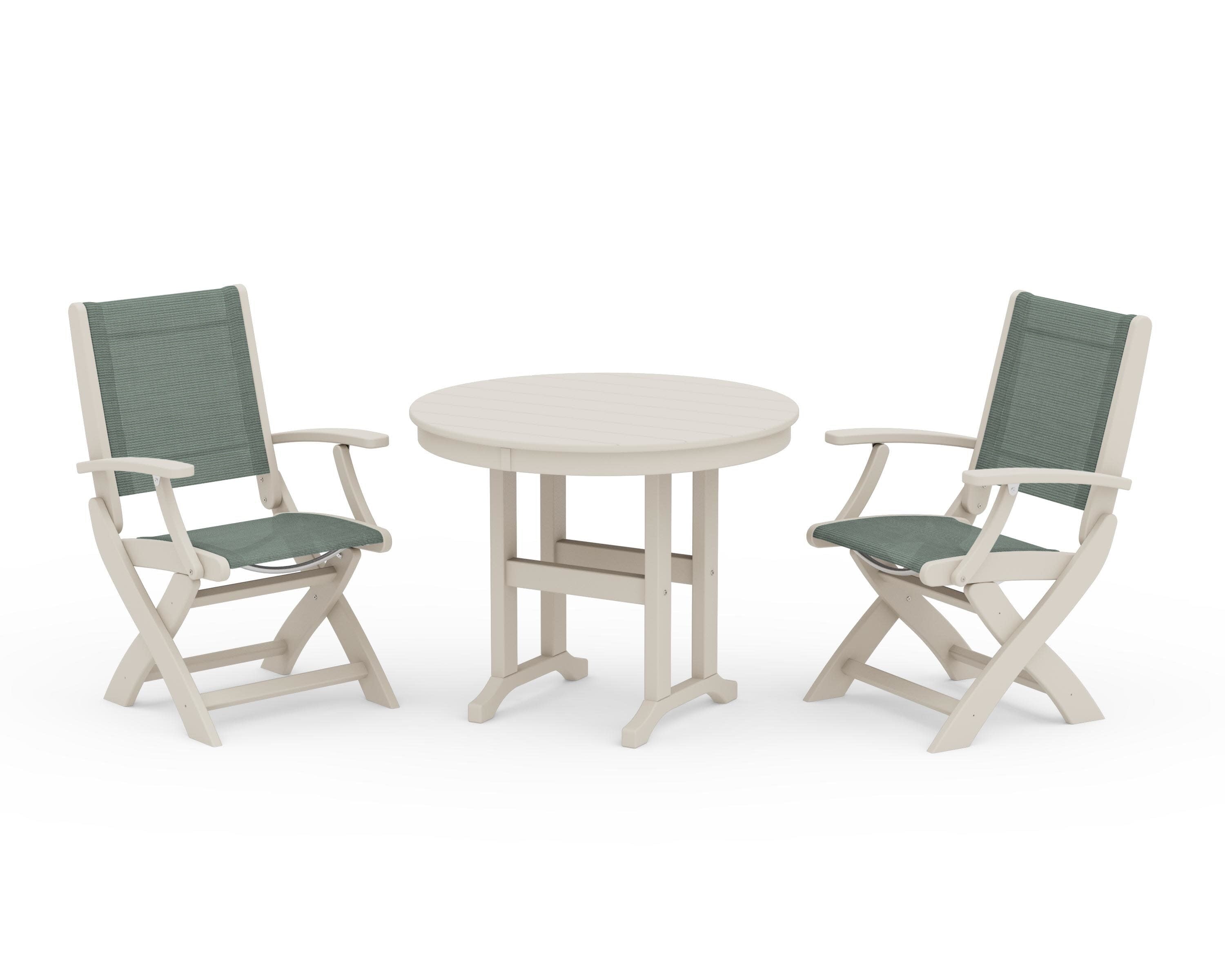 Coastal Folding Chair 3-Piece Round Dining Set in Sand / Dupioni Sea Mist Sling