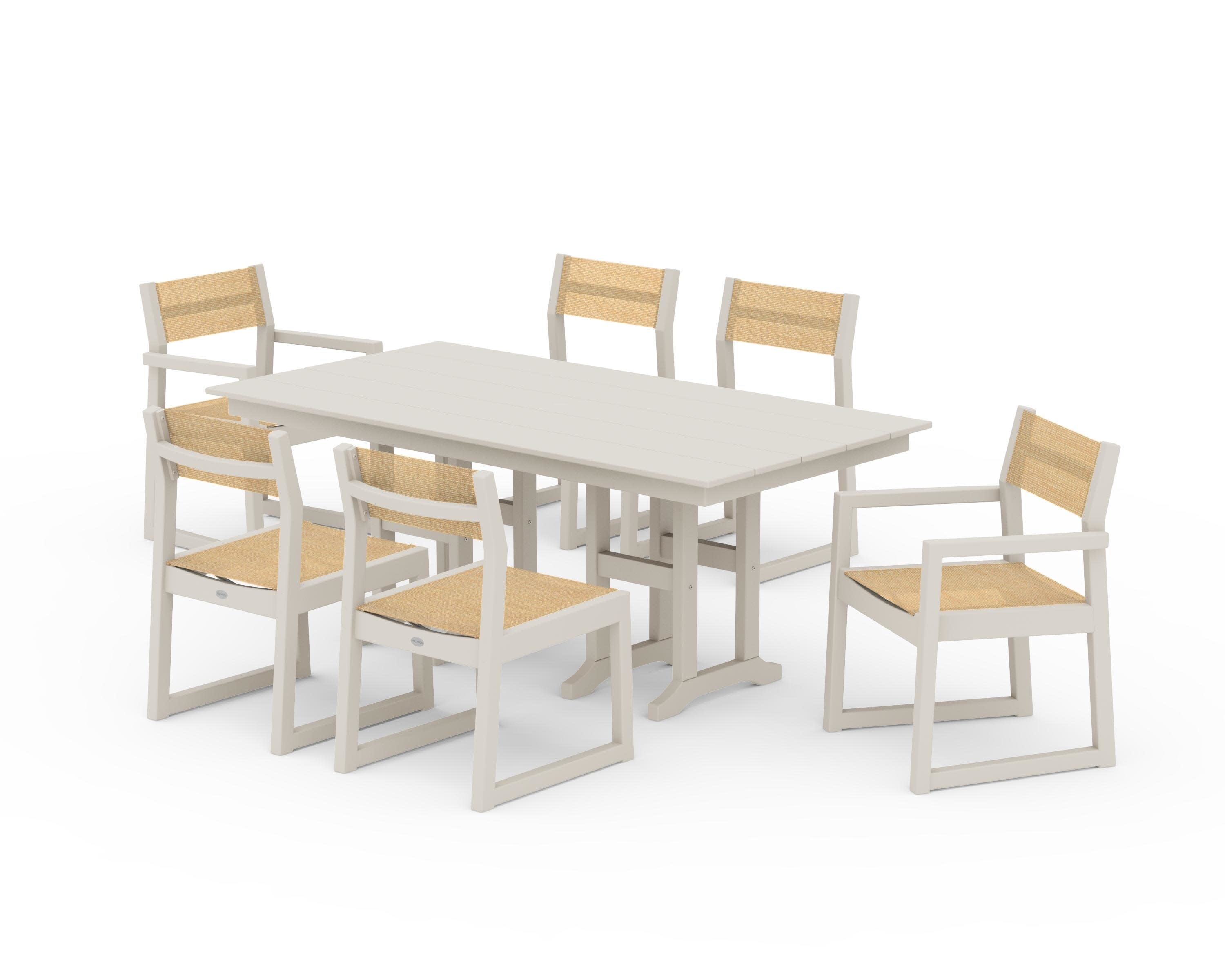 EDGE Sling 7-Piece Farmhouse Dining Set in Sand / Dupioni Apricot Sling