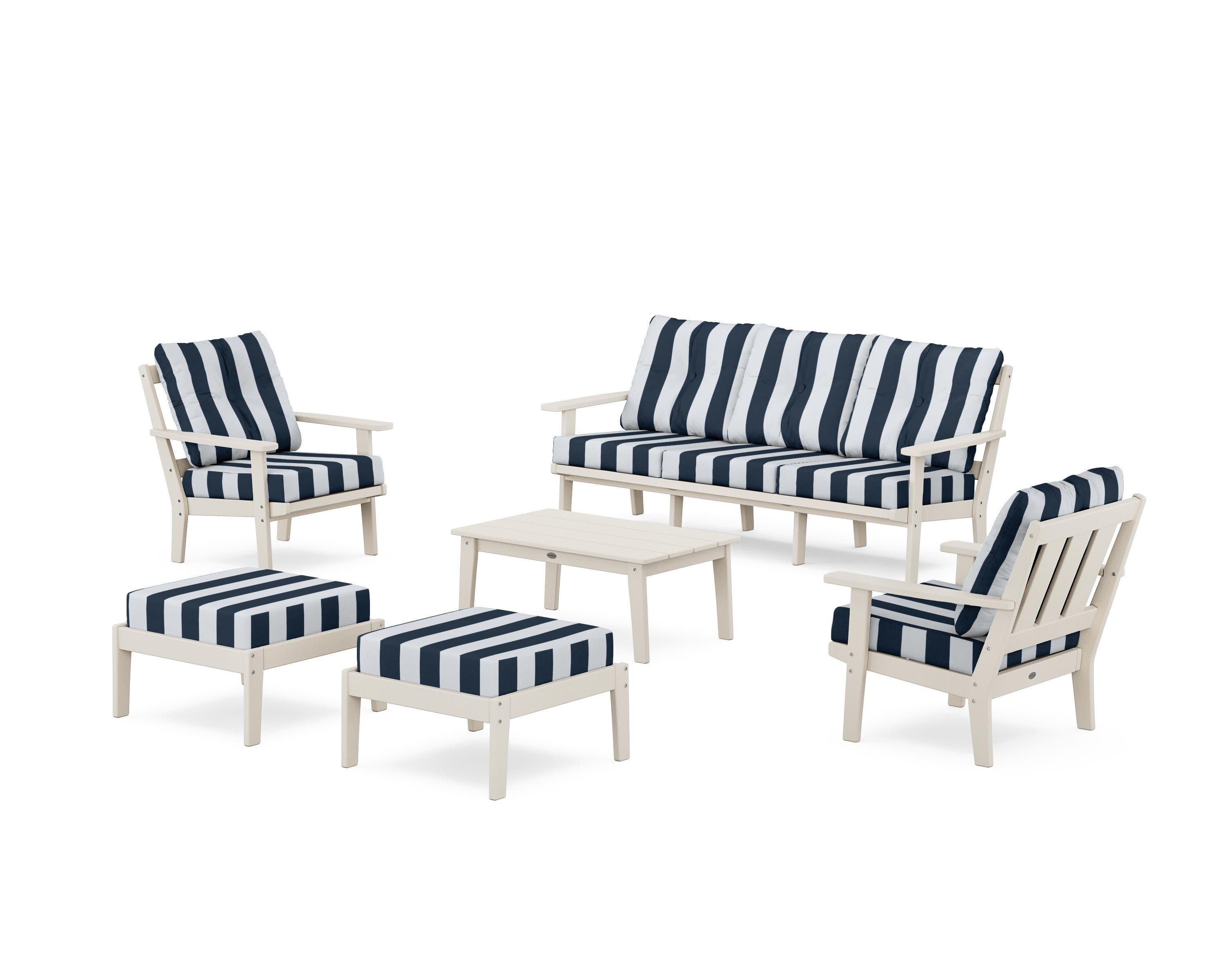Oxford 6-Piece Lounge Sofa Set in Sand / Cabana Stripe Marine Indigo
