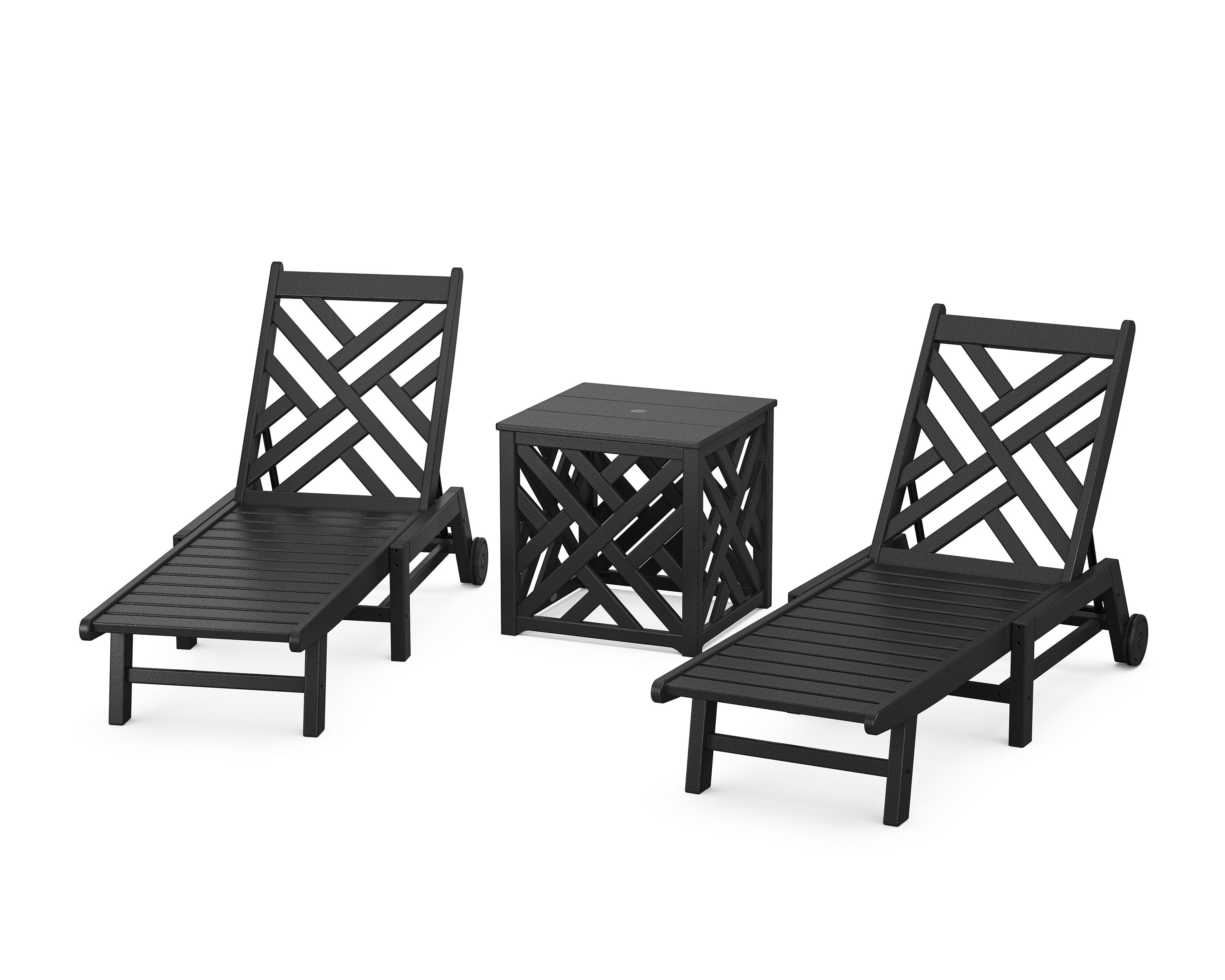 Chippendale 3-Piece Chaise Set with Wheels and Umbrella Stand Accent Table in Black