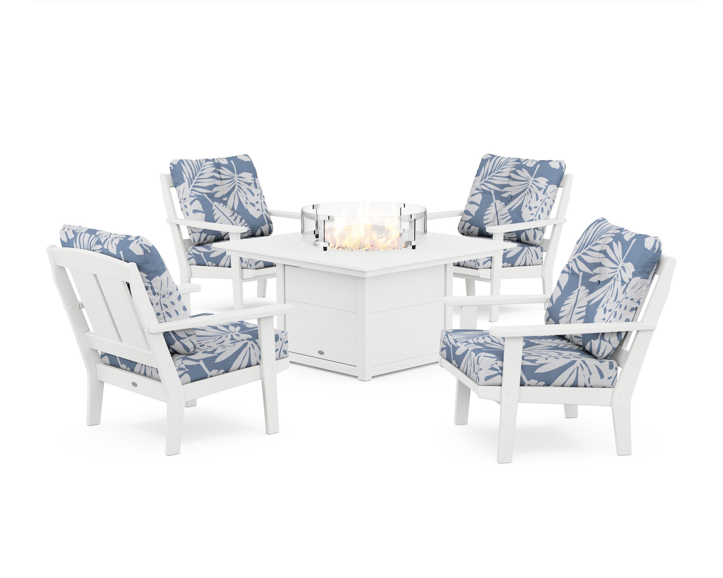 Mission 5-Piece Deep Seating Set with Fire Pit Table in White / Leaf Sky Blue
