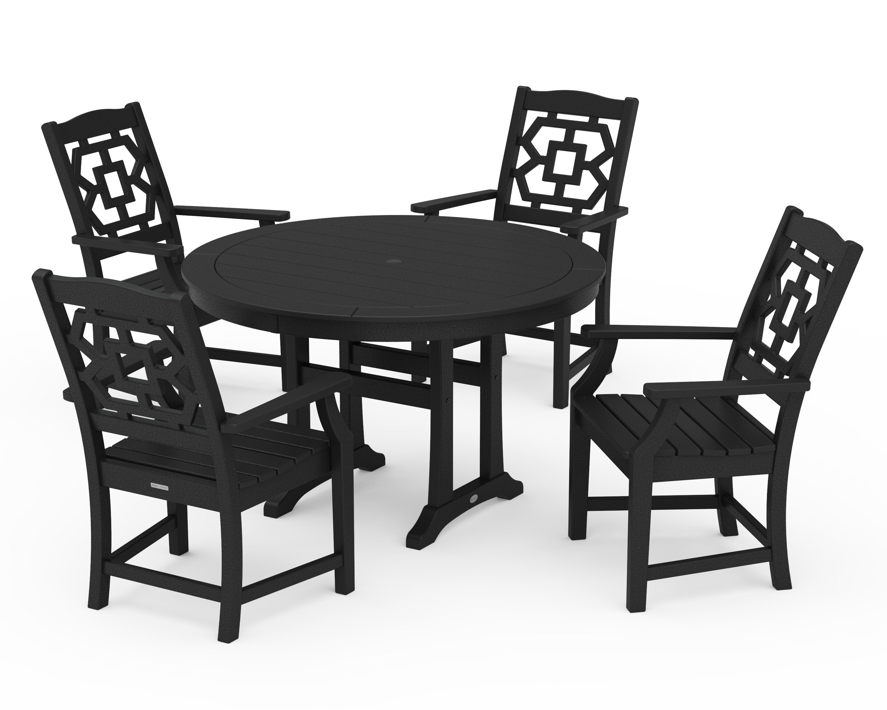 Chinoiserie 5-Piece Round Dining Set with Trestle Legs in Black