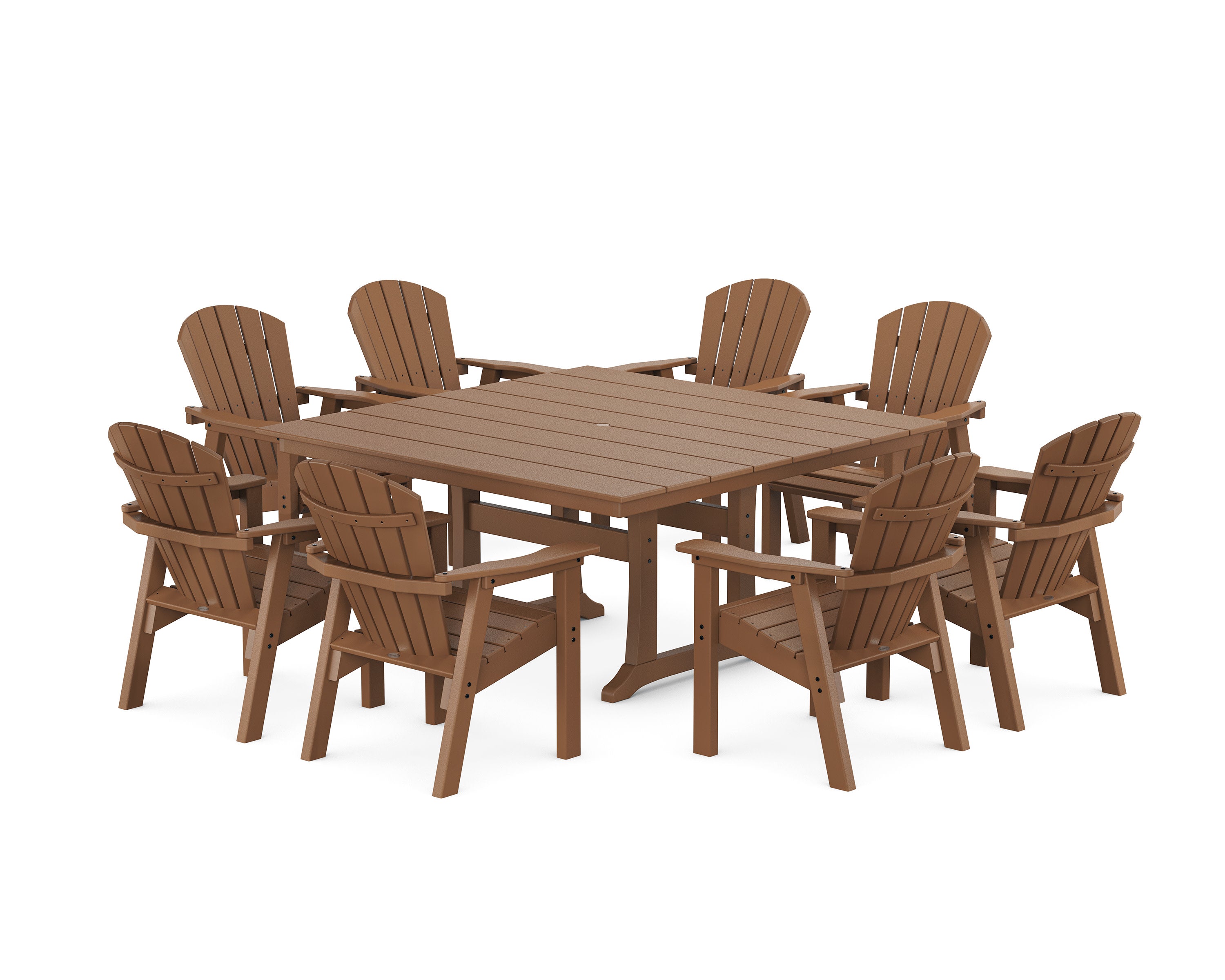 Seashell 9-Piece Square Farmhouse Dining Set with Trestle Legs in Teak