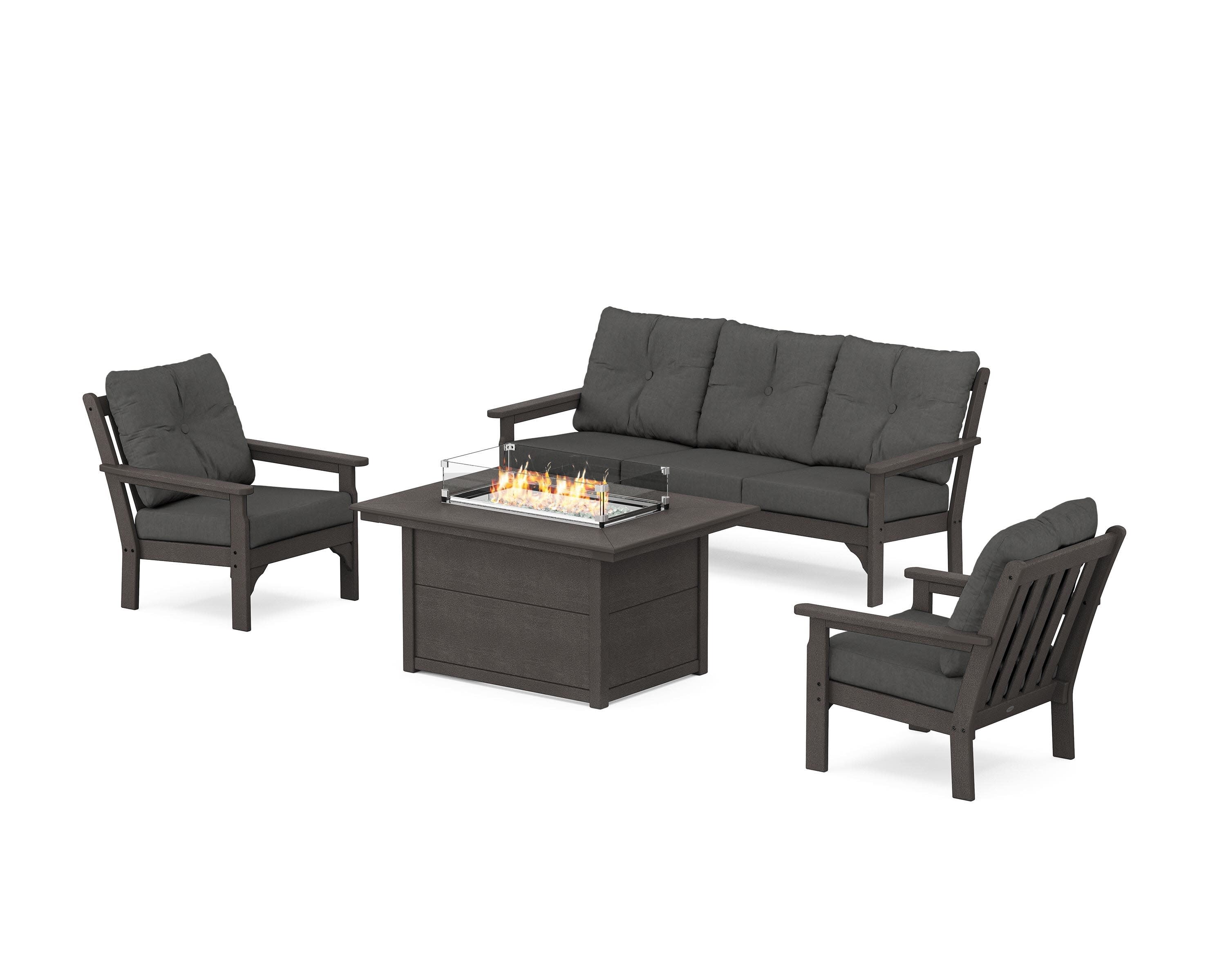 Vineyard Deep Seating Fire Pit Table Set in Vintage Coffee / Spectrum Carbon